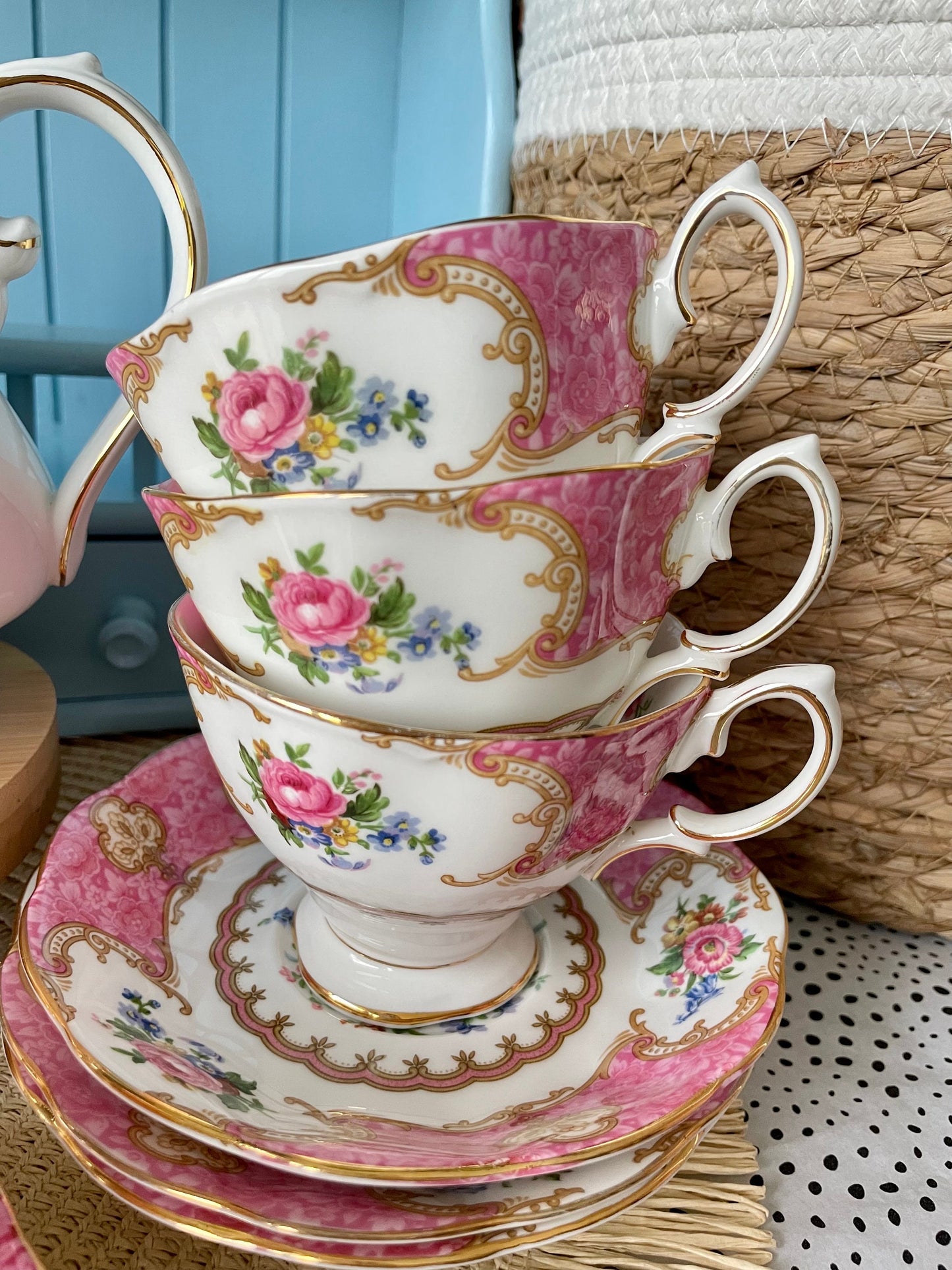 Vintage Royal Albert Tea Set - Lady Carlyle - 12 Piece Porcelain Tea Set for High Tea - Mothers Day Gift -Elegant TeaParty Set - England