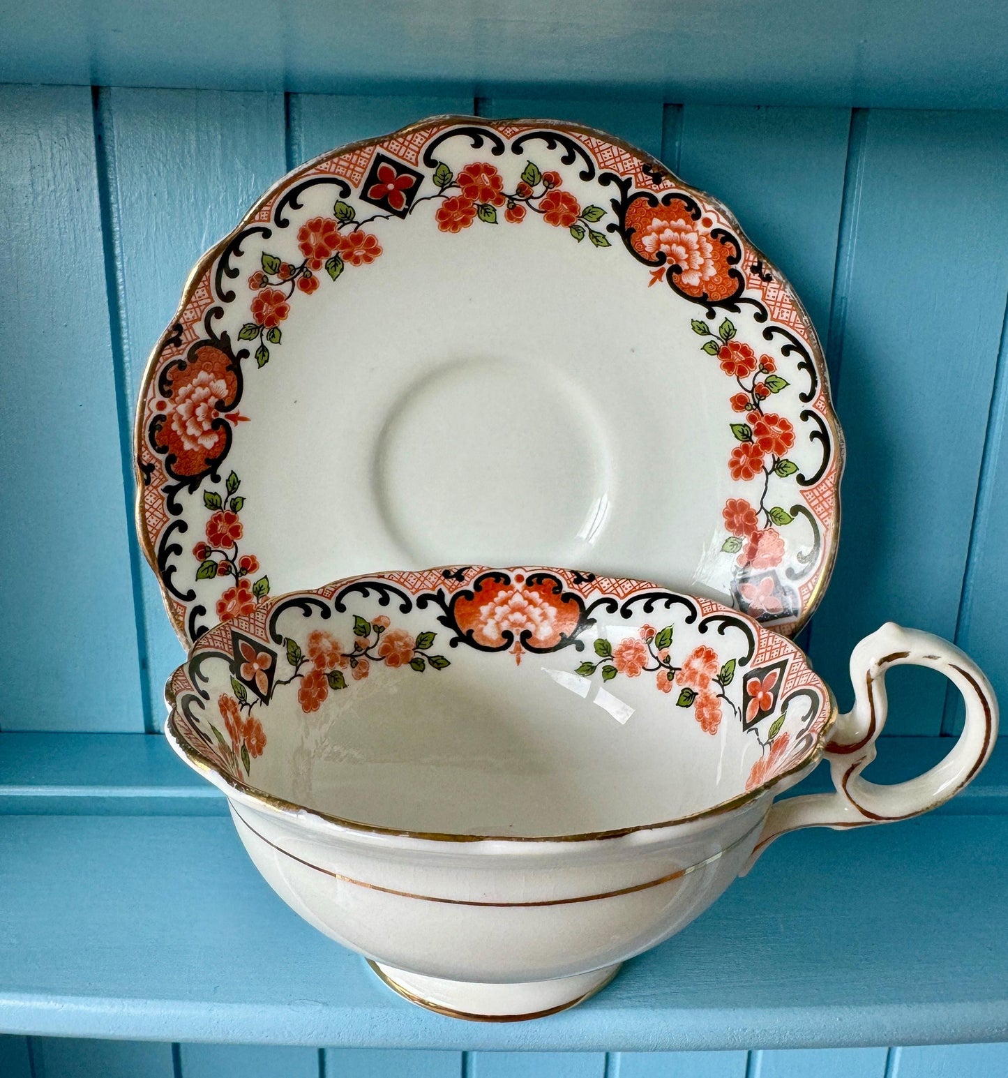 Rare Vintage Aynsley Teacup and Saucer Set ,Very Good Condition, Red and Blue Roses Design, Crafted 1940's, Bone China, Crazing, England