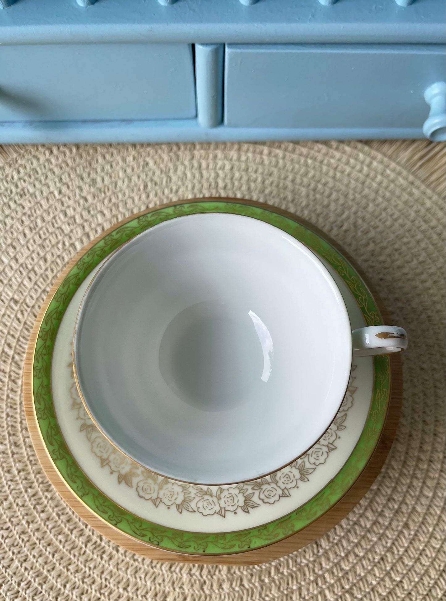 Elegance & Charm: Vintage Hanson Porcelain Espresso Cup Set with Delicate Golden Flowers On Pastel Green, Previously Loved, Made in England