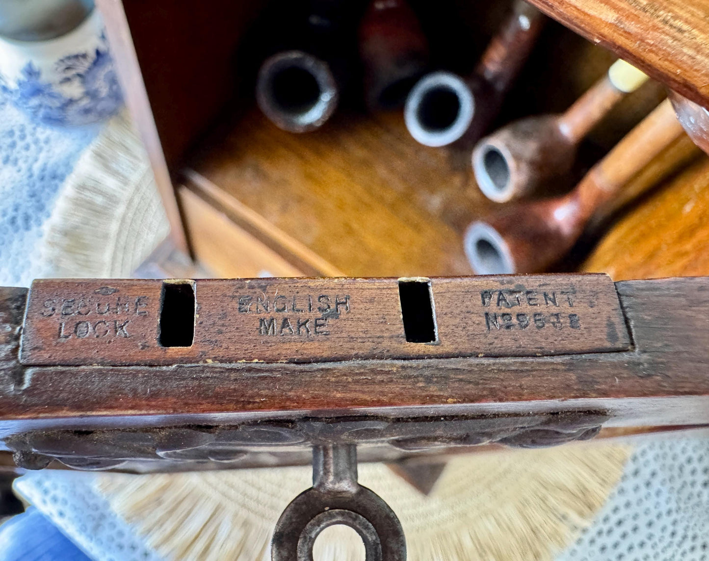 Antique 1920s Oak Pipe Cabinet with 6 Original Pipes & Key, Vintage Tobacco Box, Smoking Memorabilia Collectible Fathers Day Gift, England