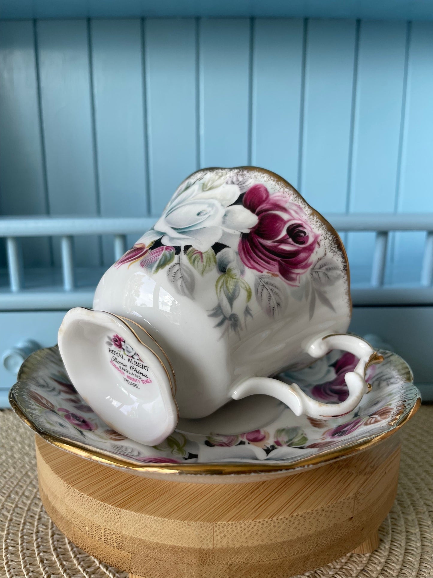 Collectors TeaCup, Royal Albert "Summer Bounty Pearl" Gainsborough Tea Set, Thick Gold, Bone China, Pink Cabbage Roses, England, !READ TEXT!