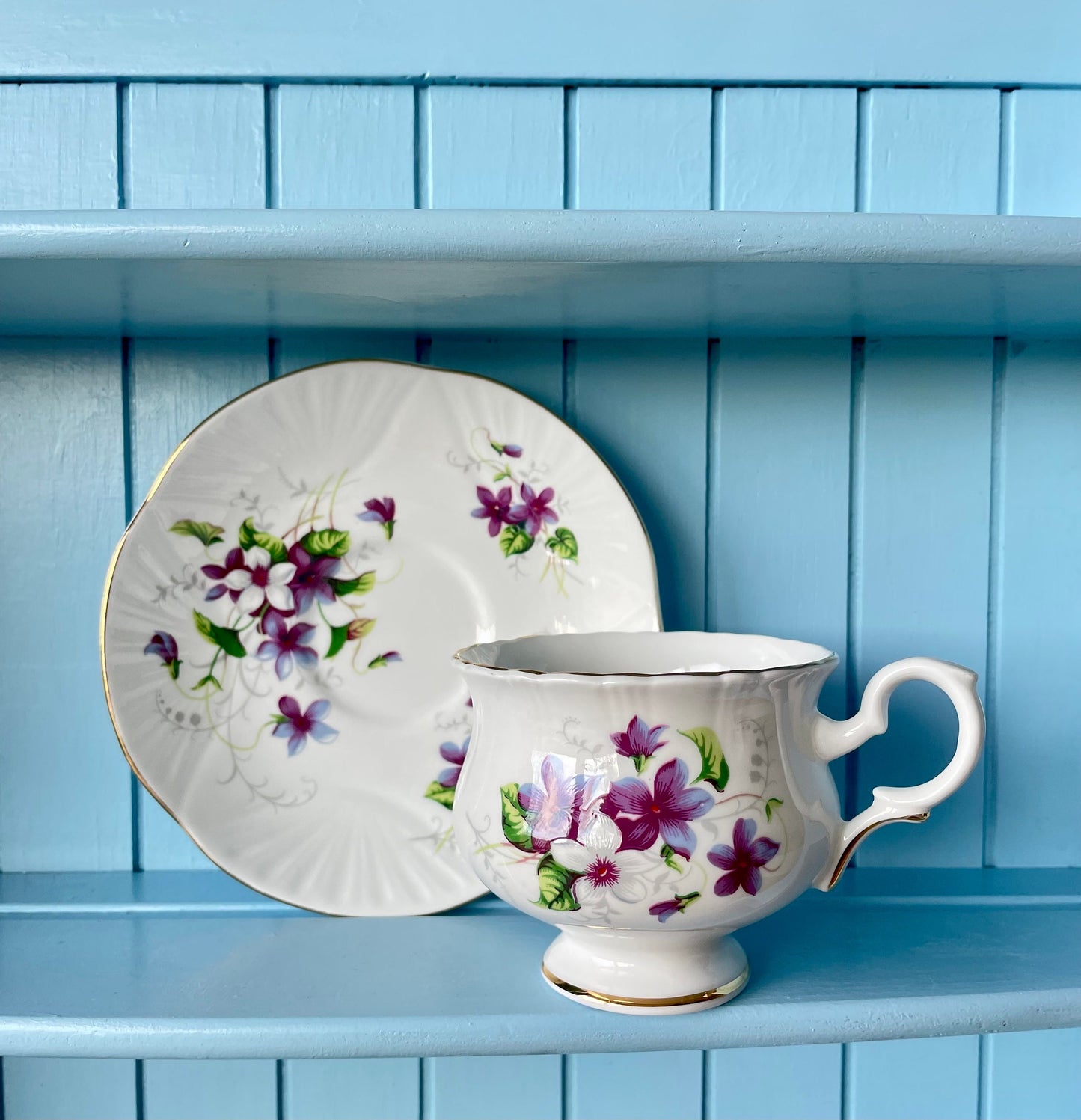Vintage Crown Staffordshire Tea Cup and Saucer, Purple Pansies, Fine Bone China, Previously Loved Antique Tea, For High-Tea, Made in England