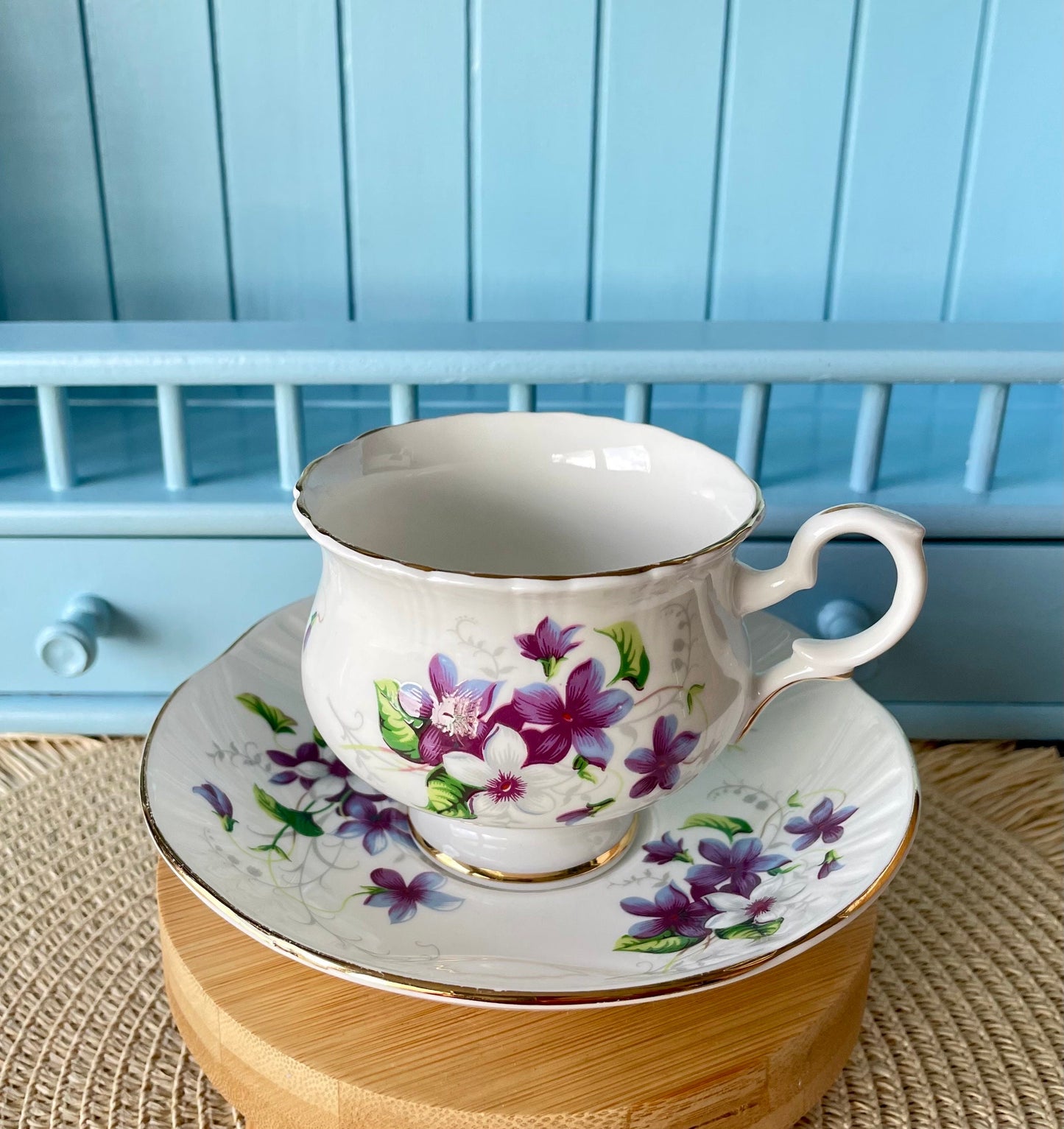 Vintage Crown Staffordshire Tea Cup and Saucer, Purple Pansies, Fine Bone China, Previously Loved Antique Tea, For High-Tea, Made in England