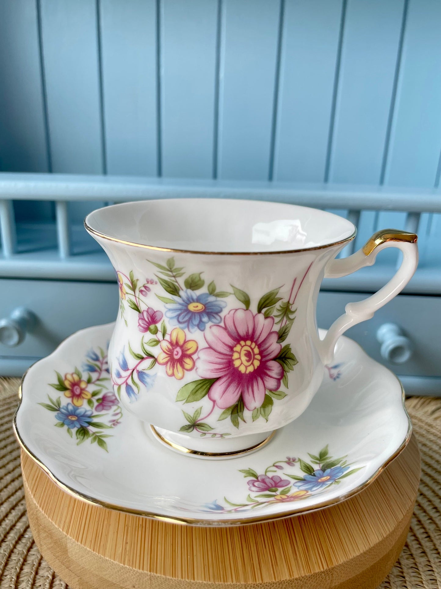 Vintage 'Royal Ascot' Blue Velvet Tea Cup And Saucer, Made In England. Fine Bone China, Previously Loved Vintage Cup, Antique British TeaCup