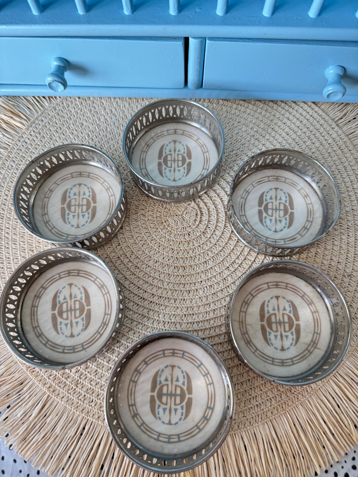 Vintage Dresden 'Villeroy & Boch' Coasters, Set 6 Coasters, Previously Loved, Collectors Item, Pierced Silver Rim, Hand-painted, German Made