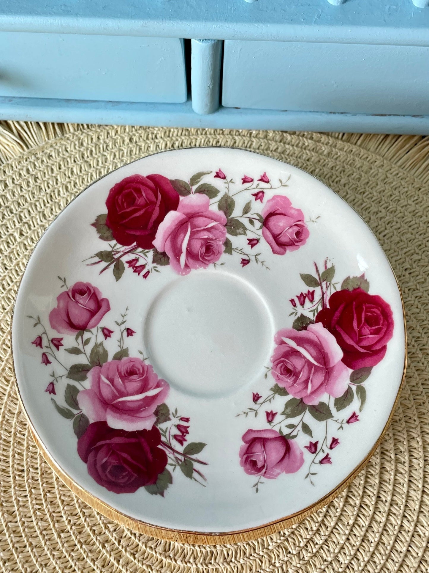 Vintage Queen Anne, Pink and Red Roses Floral Bone Tea Cup and Saucer, Antique English China, Previously Loved, Ribbed Cup, Made in England