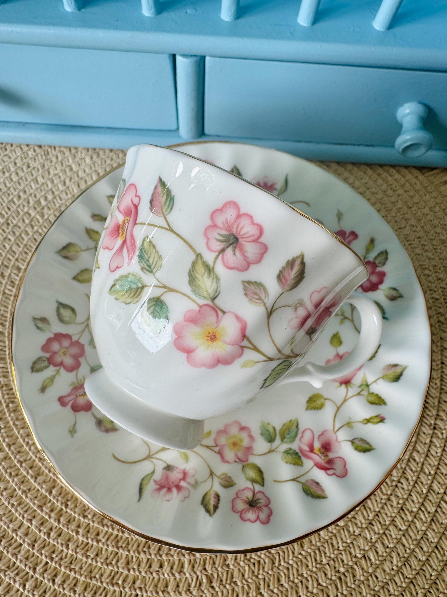Vintage Colclough Royal Albert Coffee Cup & Saucer Set | Pink Floral Summer Garland | Ribbed Gold Trim | Afternoon Tea Gift, Made in England
