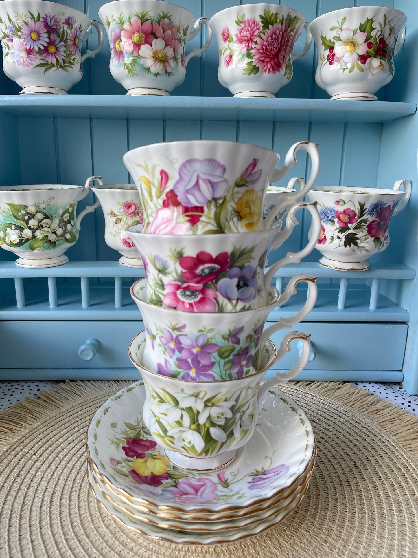 Vintage TeaSet of 12 'Royal Albert' Flower Of The Month Gentleman Sized Cup & Saucer, Fine Bone China, Perfect Gift, Made in England