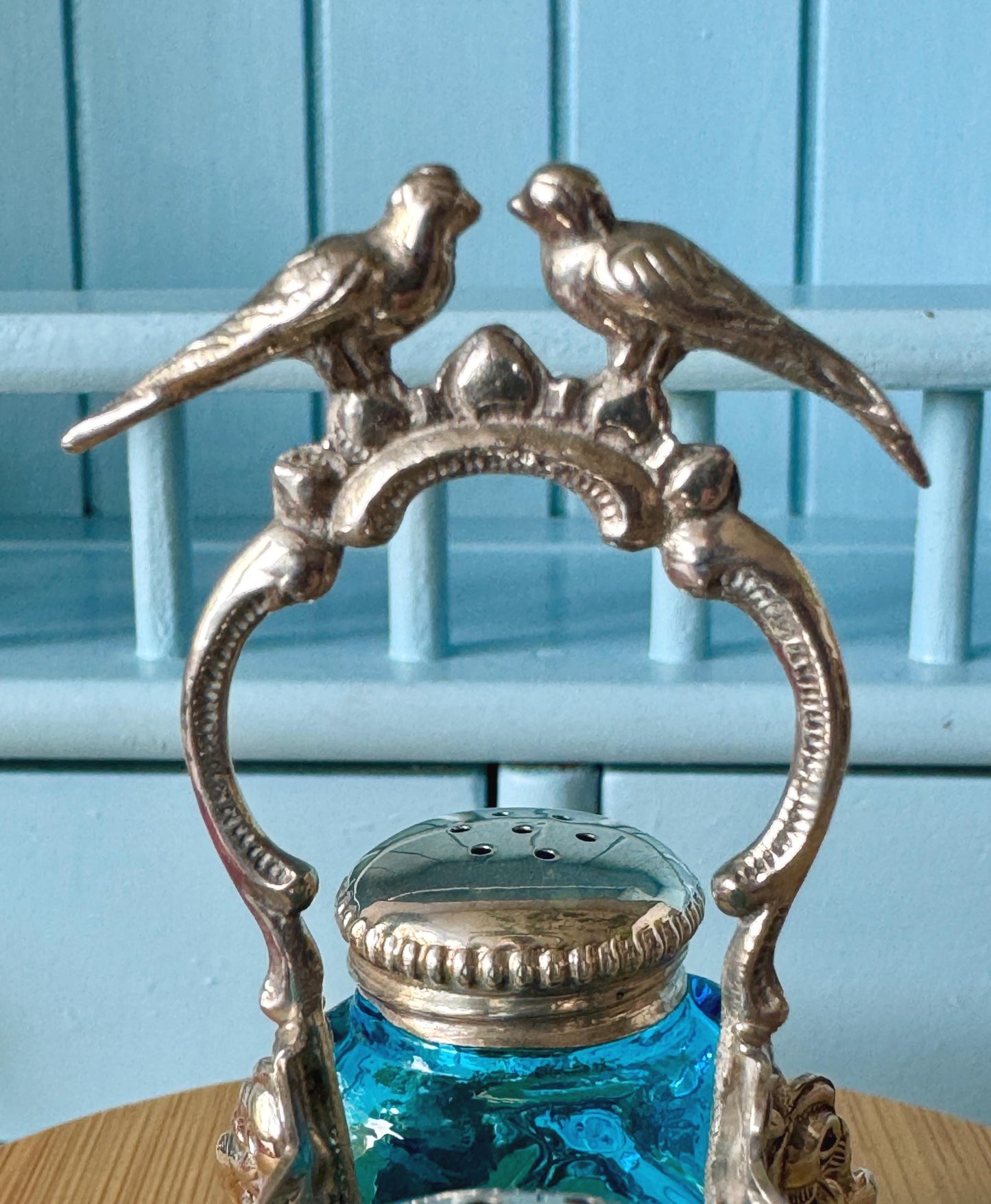 Very Rare Antique 1861 Silver Turquoise Glass Salt & Pepper Cellars, Lovebirds Wedding Gift, English 835 Silver Cruet Set, Beautiful Gift