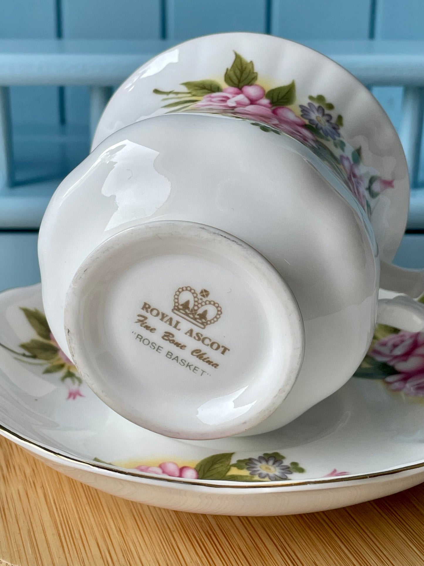 Vintage 'Royal Ascot' Rose Basket Tea Cup And Saucer, Made In England. Fine Bone China, Previously Loved Vintage Cup, Antique British TeaCup