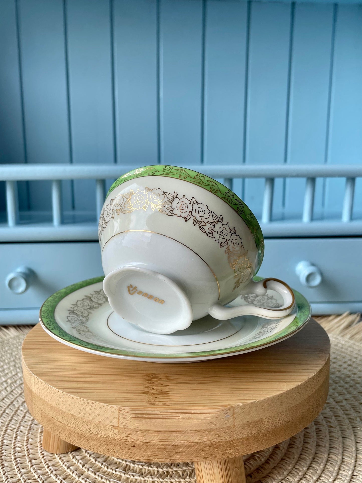 Elegance & Charm: Vintage Hanson Porcelain Espresso Cup Set with Delicate Golden Flowers On Pastel Green, Previously Loved, Made in England