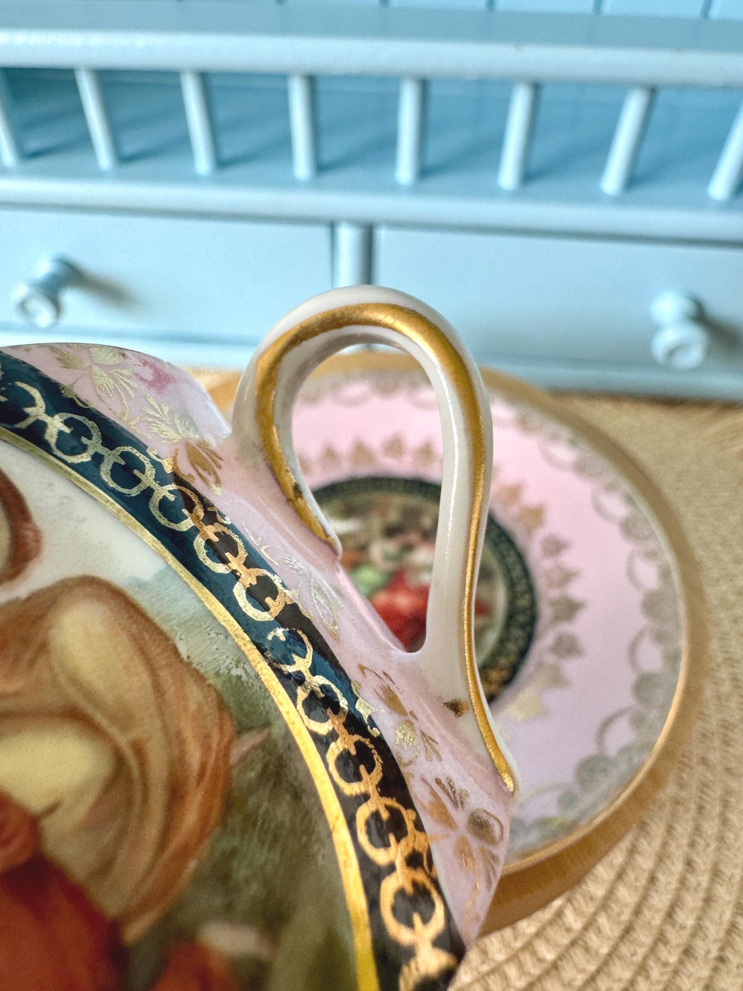 Antique Royal Vienna Fragonard Espresso Cup & Saucer, Beehive Mark Cup, Pink Gold Eggshell Porcelain, Matched Set, Vintage Romantic, Austria