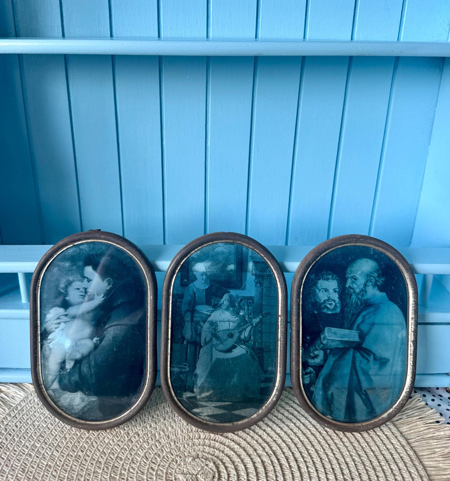 Antique Reverse Glass Paintings Set of 3, Religious & Genre Scene Wall Art, Hand-Painted Glass Panels c.1890-1910, Window Hangings, French