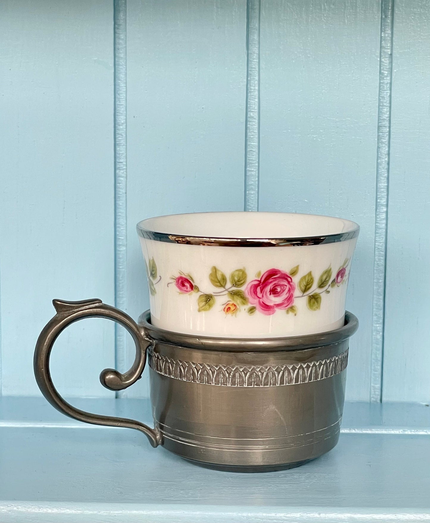 Beautiful Vintage Tin Cup Holder with Bareuther Bavaria Porcelain Teacup, Previously Loved Antique, Collectors Item, Lovely, Made In Germany
