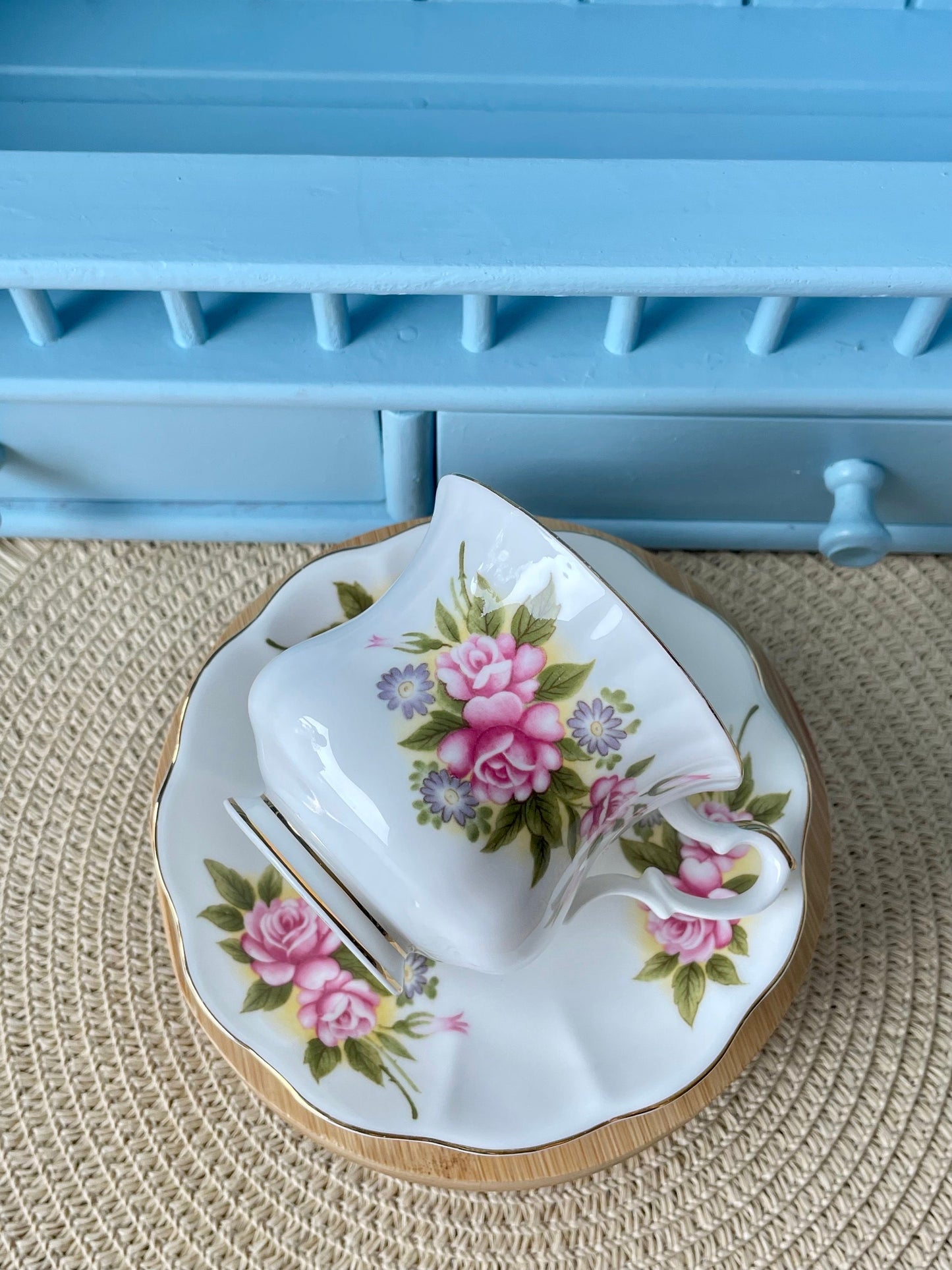 Vintage 'Royal Ascot' Rose Basket Tea Cup And Saucer, Made In England. Fine Bone China, Previously Loved Vintage Cup, Antique British TeaCup