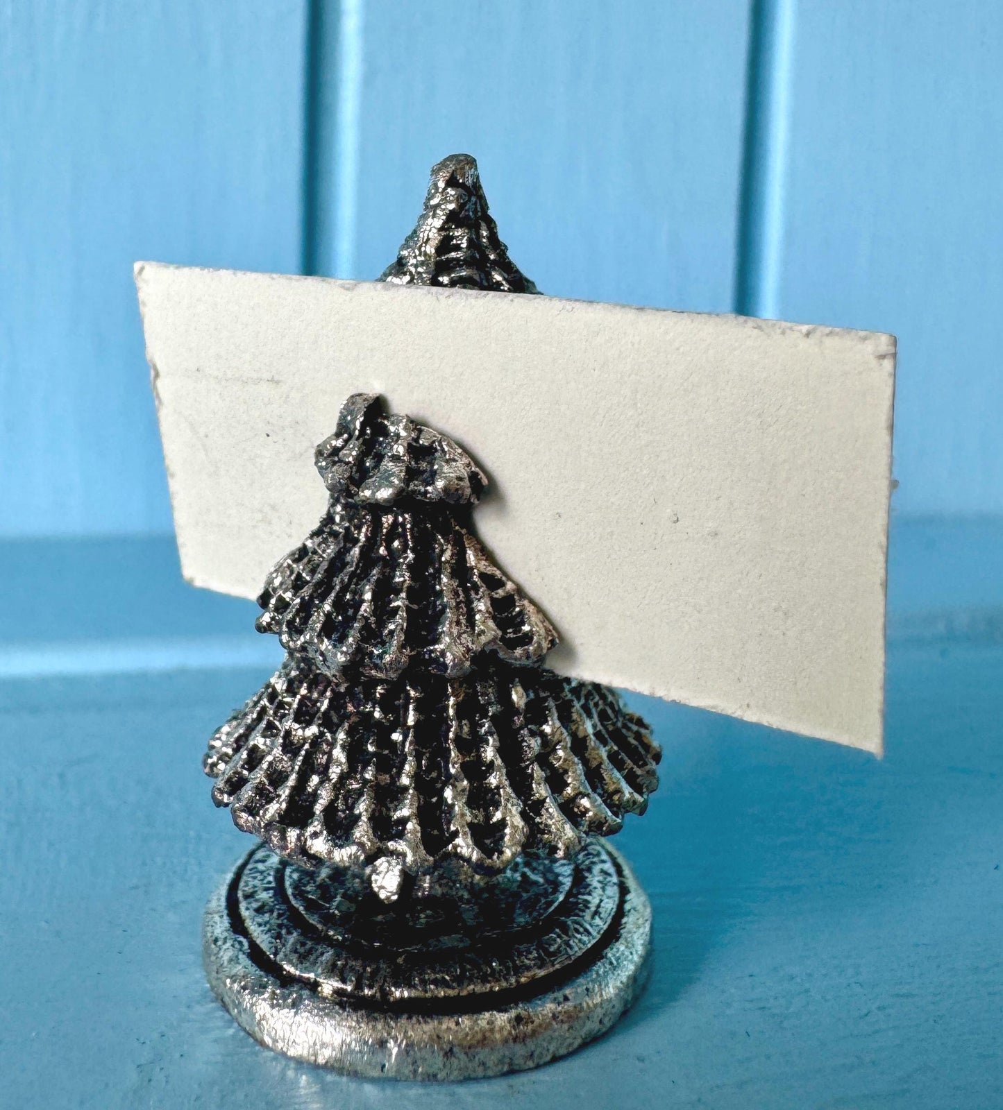 Set of 6 Christmas Tree Place Card Holders, Miniature Silver Tone Metal Table Decor, Name Card Display, Dinner Party Supplies, Event Props