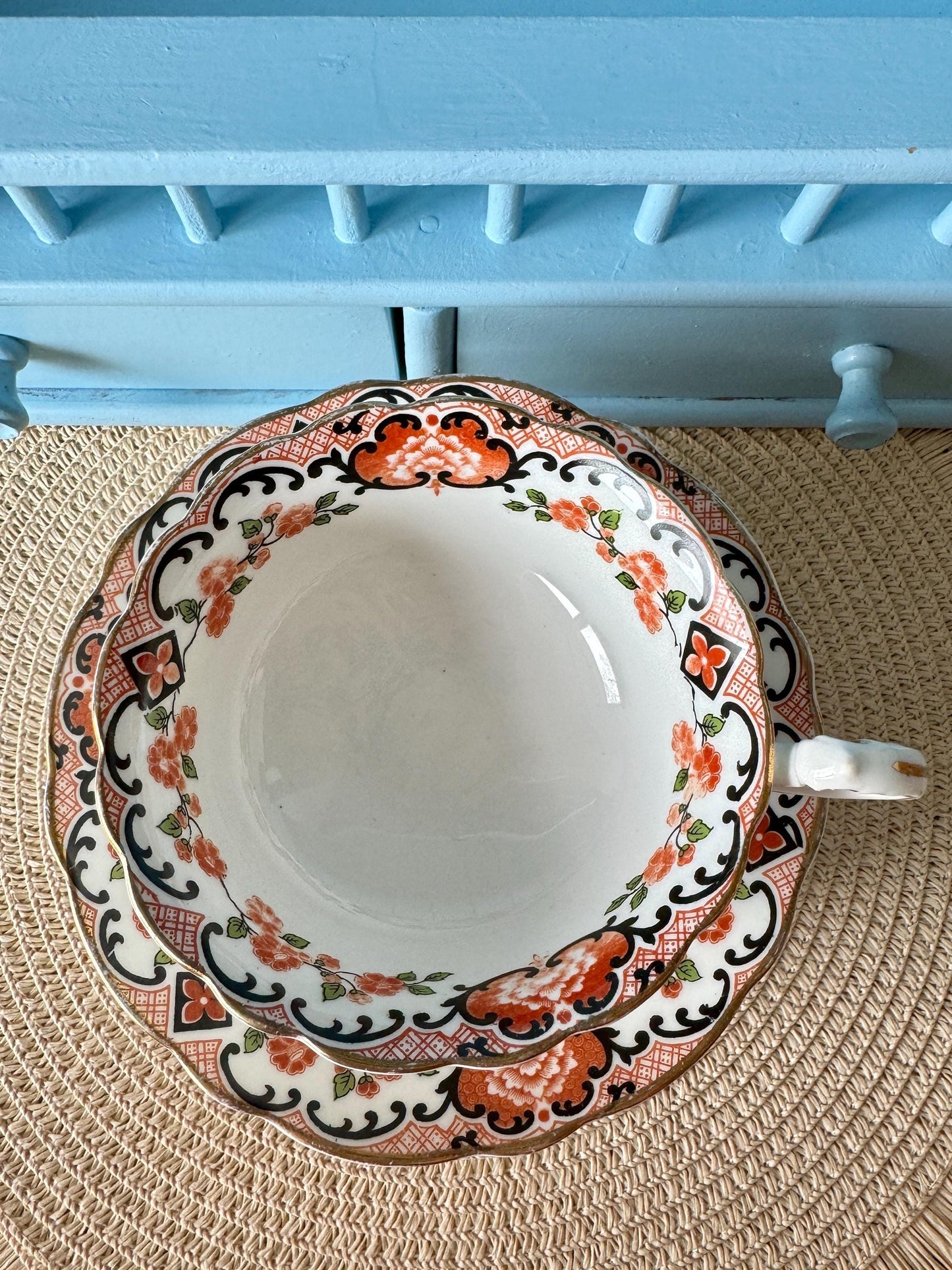 Rare Vintage Aynsley Teacup and Saucer Set ,Very Good Condition, Red and Blue Roses Design, Crafted 1940's, Bone China, Crazing, England