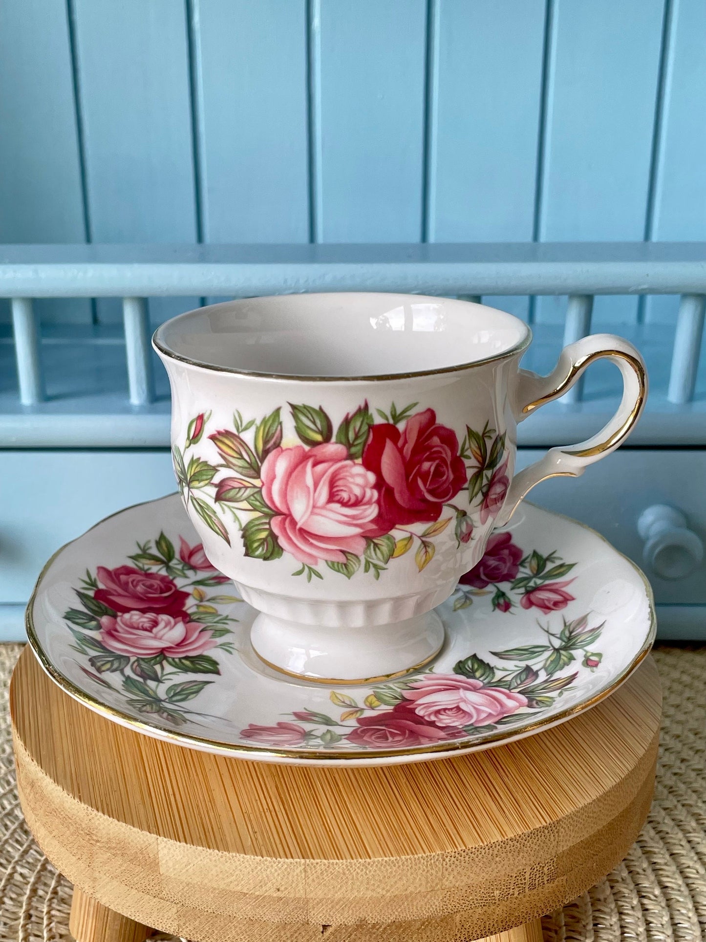 Vintage Queen Anne Cherry Blossom, Pink Floral Bone Tea Cup and Saucer, Antique English China, Previously Loved, Ribbed Cup, Made in England