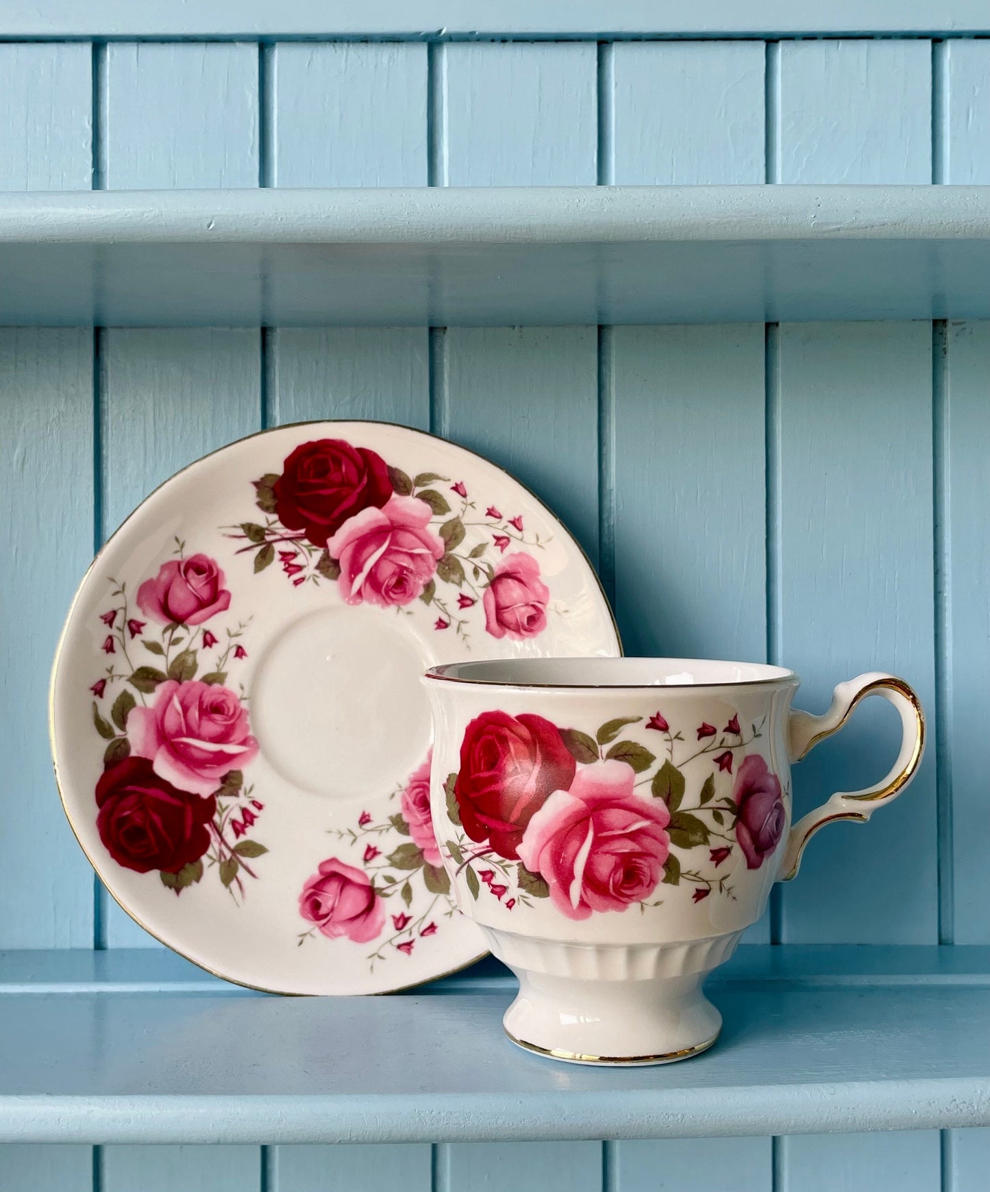 Vintage Queen Anne, Pink and Red Roses Floral Bone Tea Cup and Saucer, Antique English China, Previously Loved, Ribbed Cup, Made in England