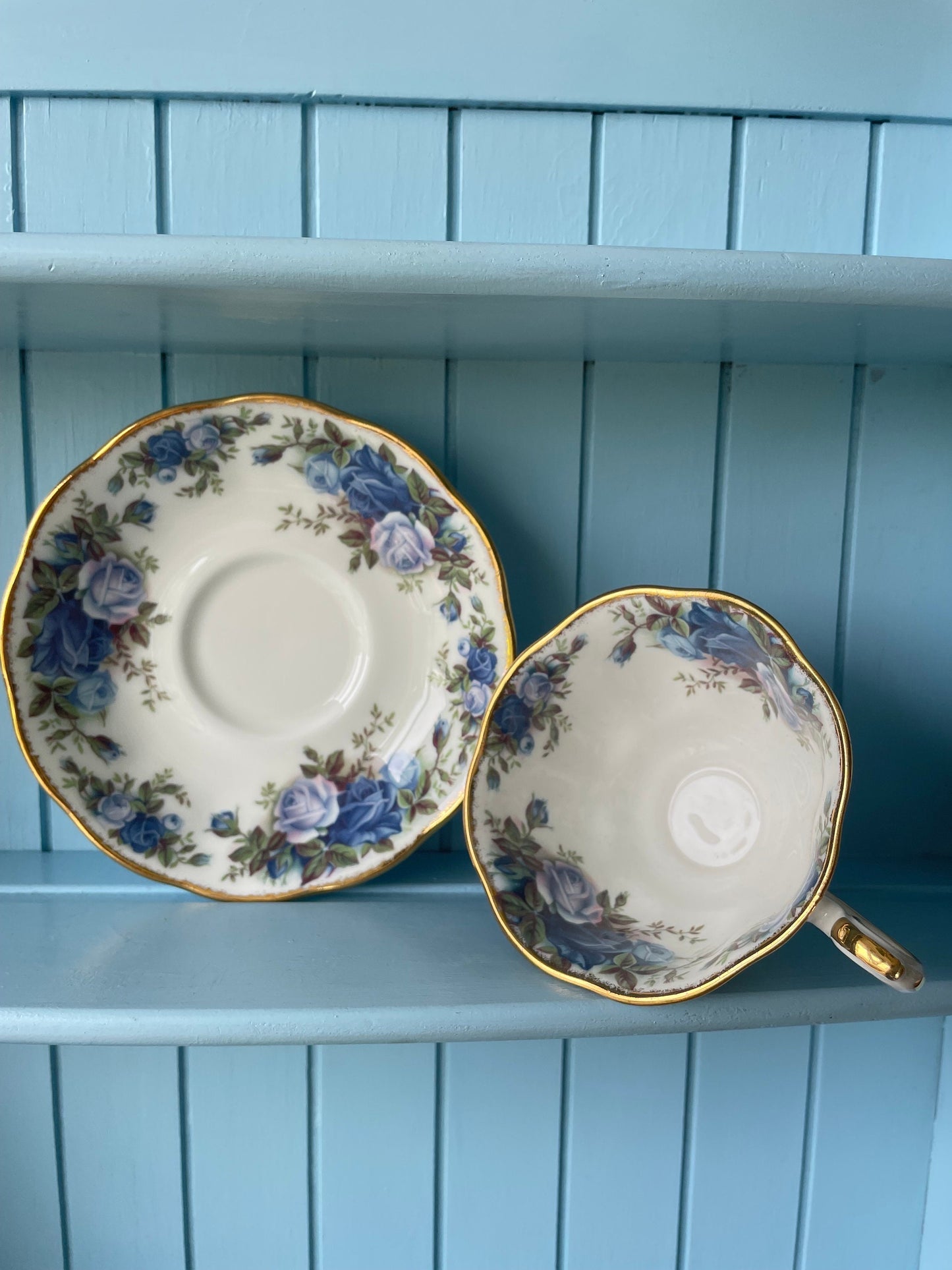 Pristine Avon Shaped Royal Albert "Moonlight Rose" Teacup & Saucer, Fine Bone China, Blue Roses Decor, Highly Sought After, Made in England