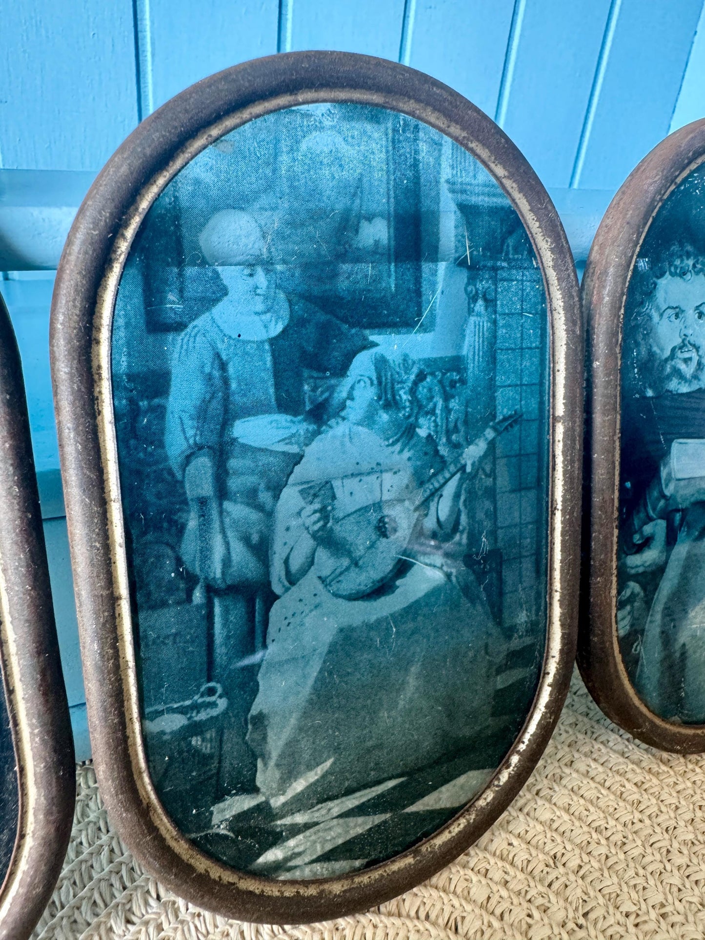 Antique Reverse Glass Paintings Set of 3, Religious & Genre Scene Wall Art, Hand-Painted Glass Panels c.1890-1910, Window Hangings, French