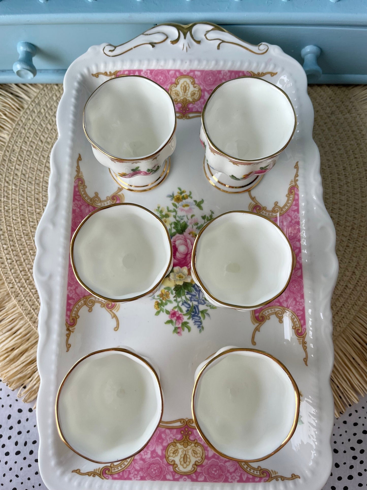 Hard to Find Vintage Royal Albert "Lady Carlyle" Set of 6 Egg Cups with Sandwich Plate, Bone China, Previously Loved, Pink Roses, England
