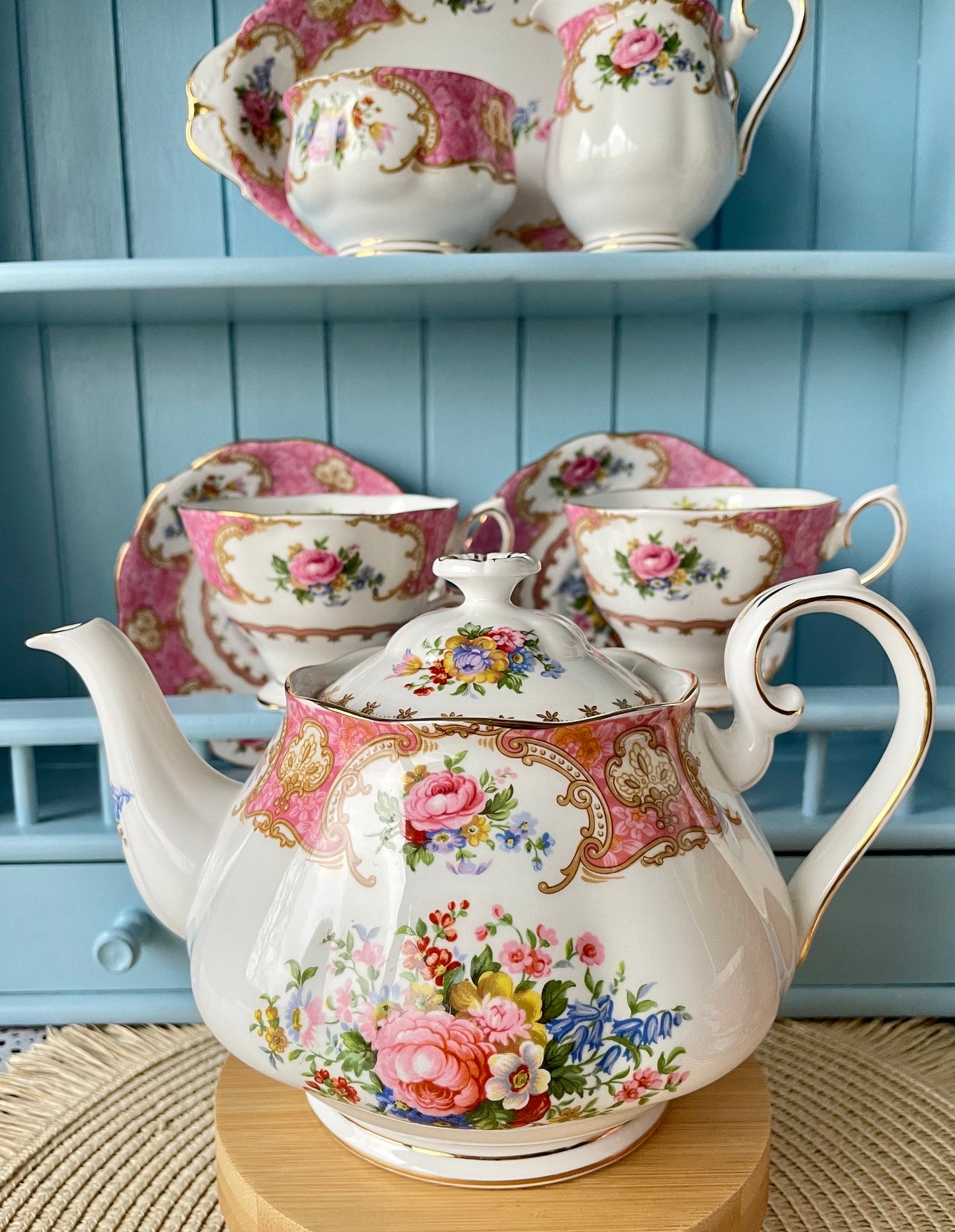 Vintage Royal Albert Tea Set - Lady Carlyle - 12 Piece Porcelain Tea Set for High Tea - Mothers Day Gift -Elegant TeaParty Set - England