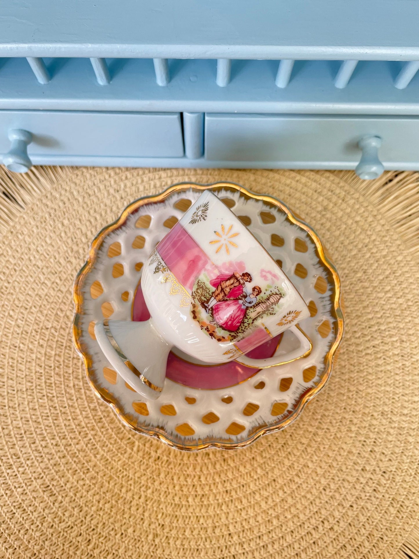 Hard to Find Rare Vintage Versailles, Pearl Shine Versailles Teacup & Laced Saucer with Fragonard Love Scene, Shabby Chic, Made in France