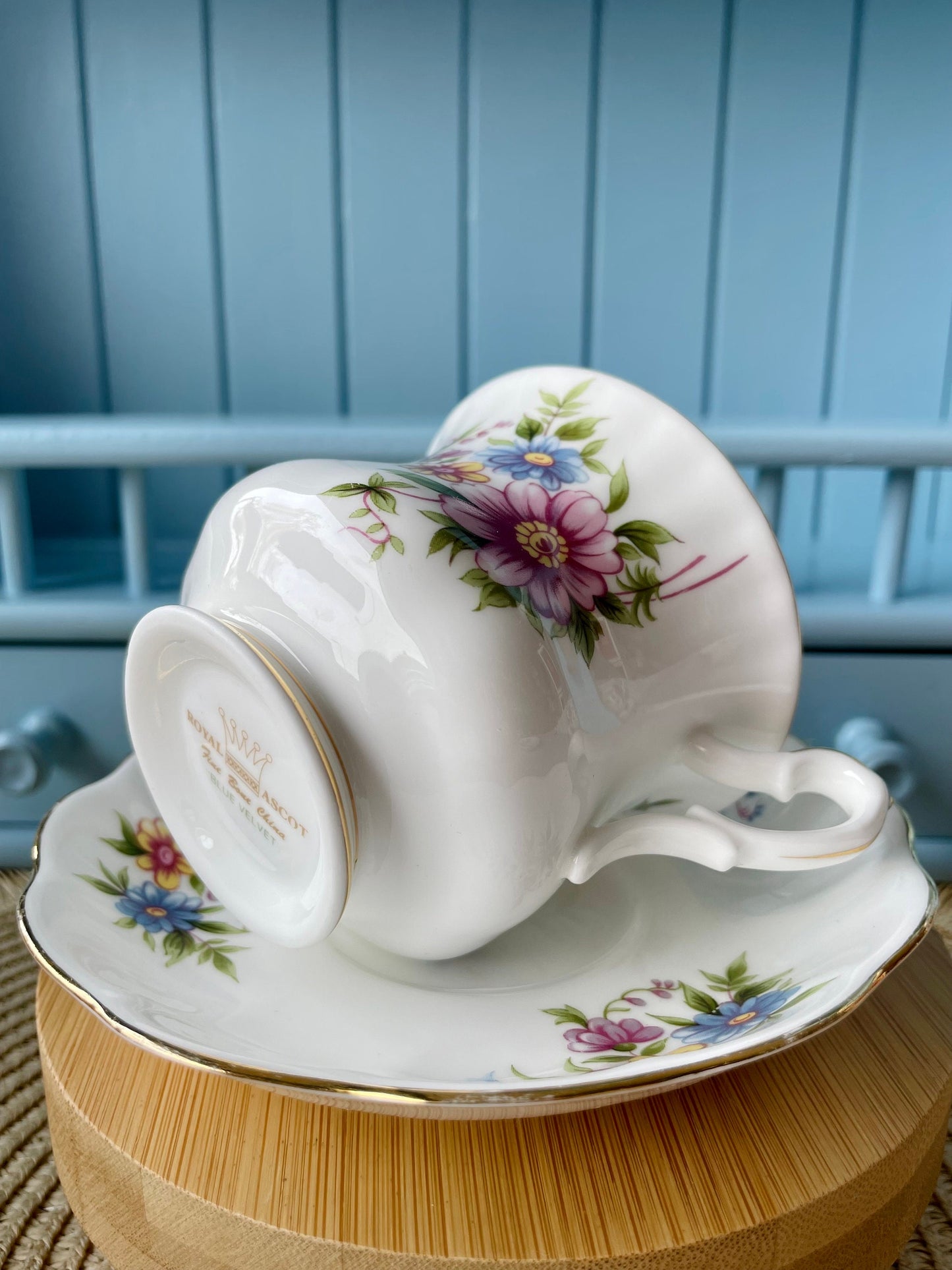 Vintage 'Royal Ascot' Blue Velvet Tea Cup And Saucer, Made In England. Fine Bone China, Previously Loved Vintage Cup, Antique British TeaCup