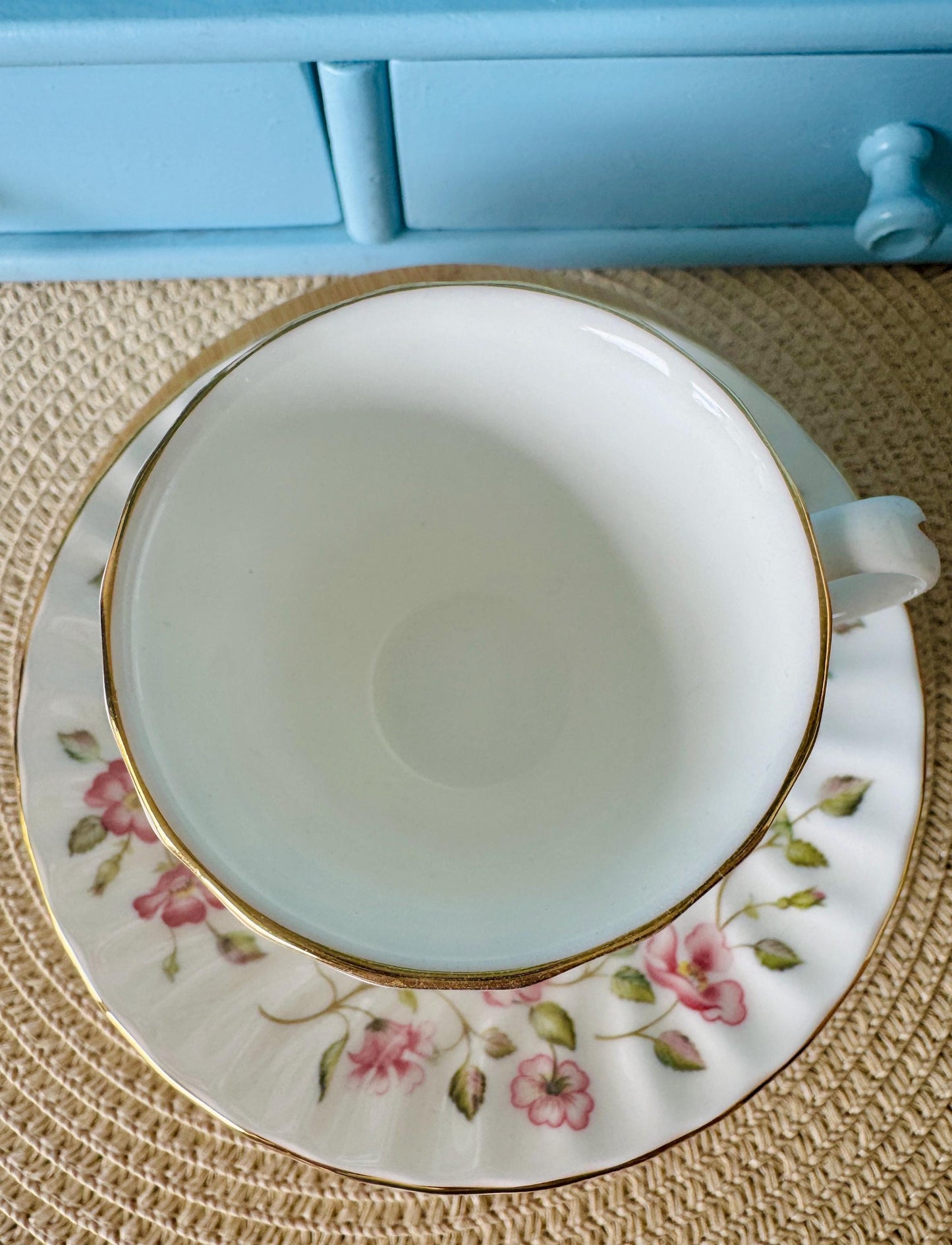 Vintage Colclough Royal Albert Coffee Cup & Saucer Set | Pink Floral Summer Garland | Ribbed Gold Trim | Afternoon Tea Gift, Made in England