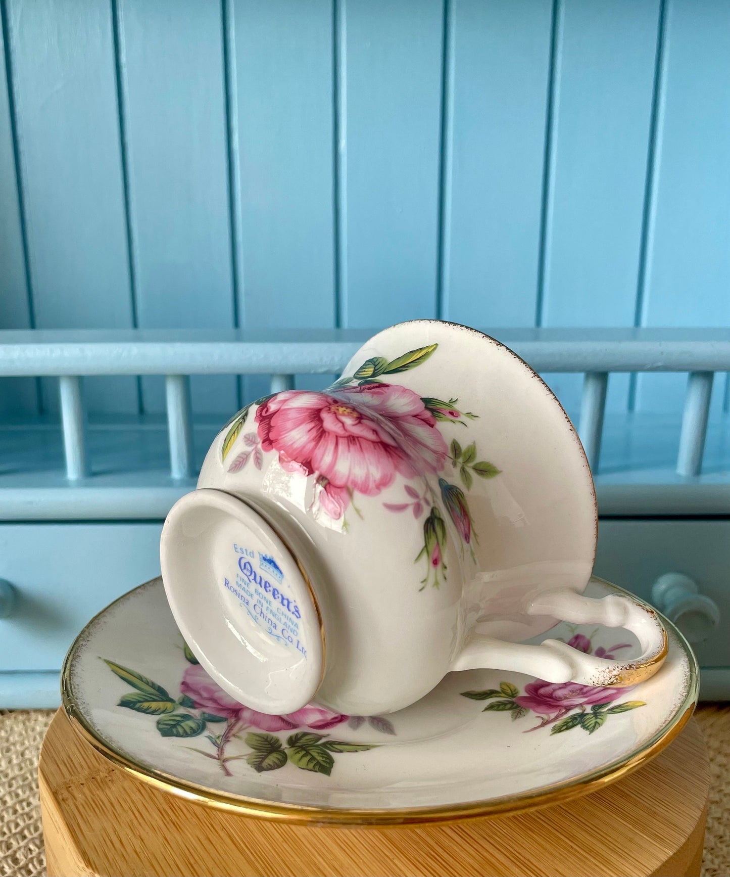 Vintage Queens, Pink Roses Floral Bone Tea Cup and Saucer, Antique English China, Previously Loved Footed Cup, Perfect Gold, Made in England