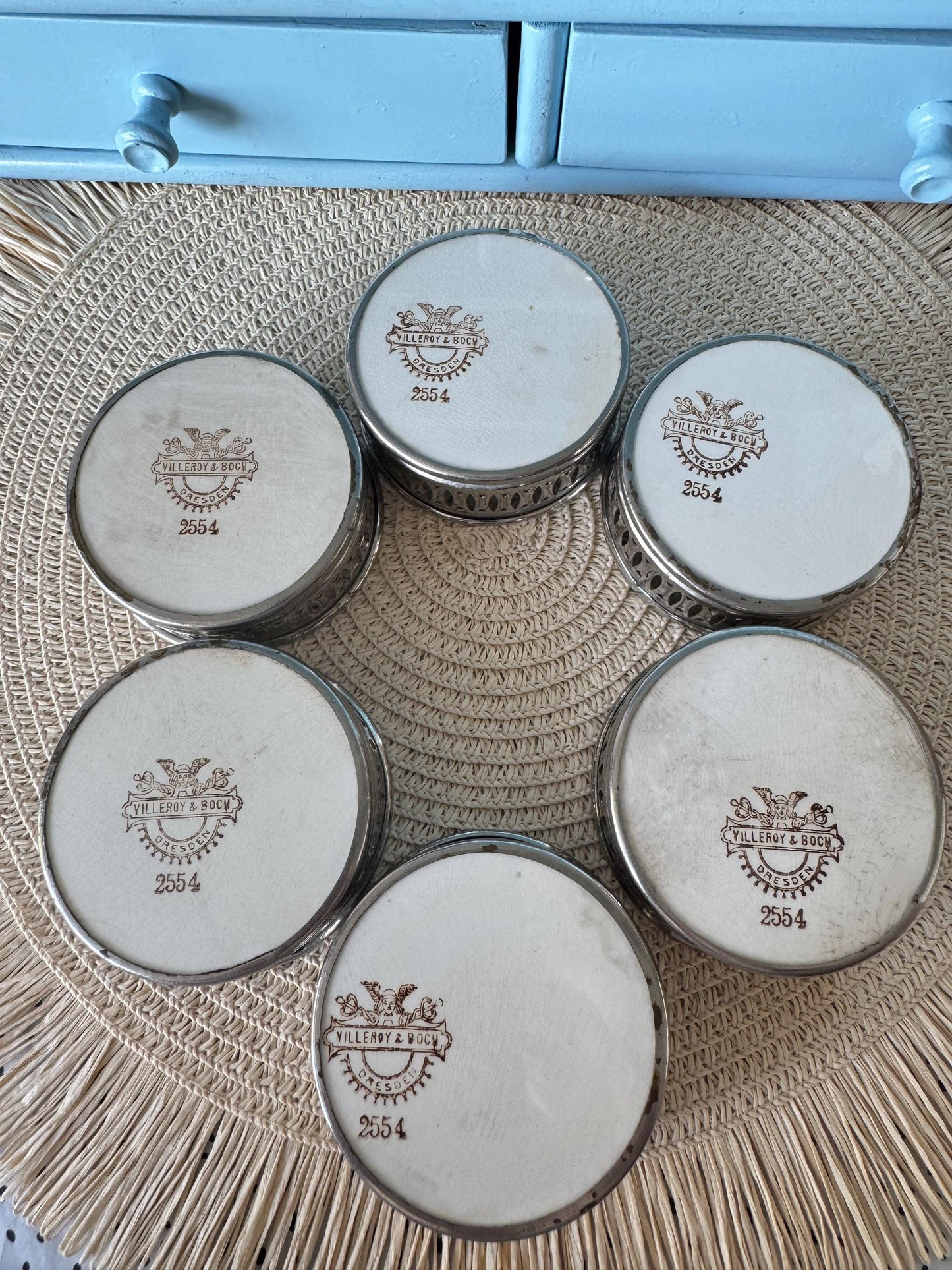 Vintage Dresden 'Villeroy & Boch' Coasters, Set 6 Coasters, Previously Loved, Collectors Item, Pierced Silver Rim, Hand-painted, German Made