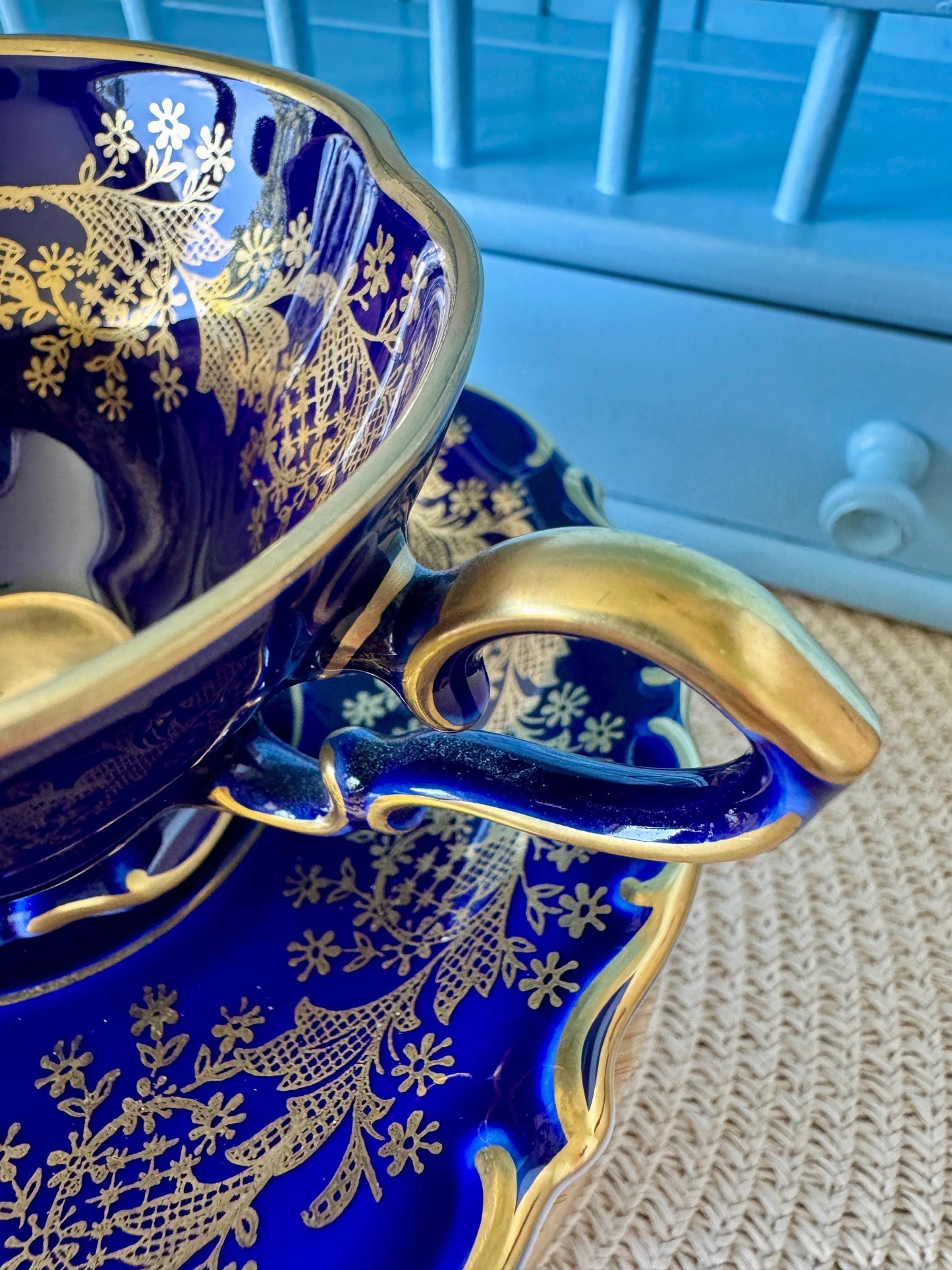 Very Rare Hard to Find Mint Condition, Vintage Lindner Kueps Bavaria Made in Germany Real Cobalt EspressoCup &Saucer, Kobalt Blue, 24 karat