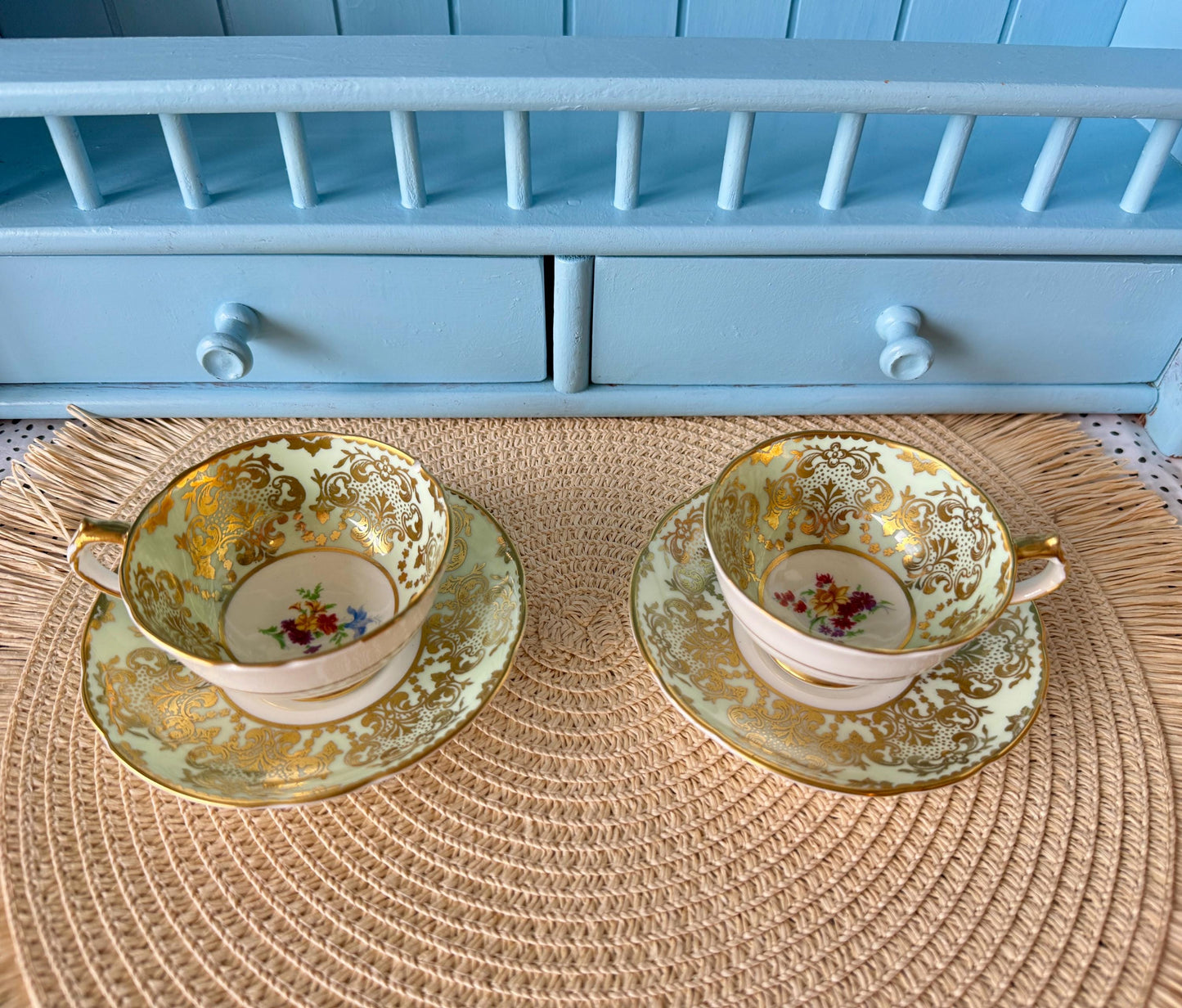 2 Rare Vintage 1940s Paragon Pastel Green Espresso Cup Saucer, Bone China, Floral Design, by Appointment HM Queen Elizabeth, Double Warrant!