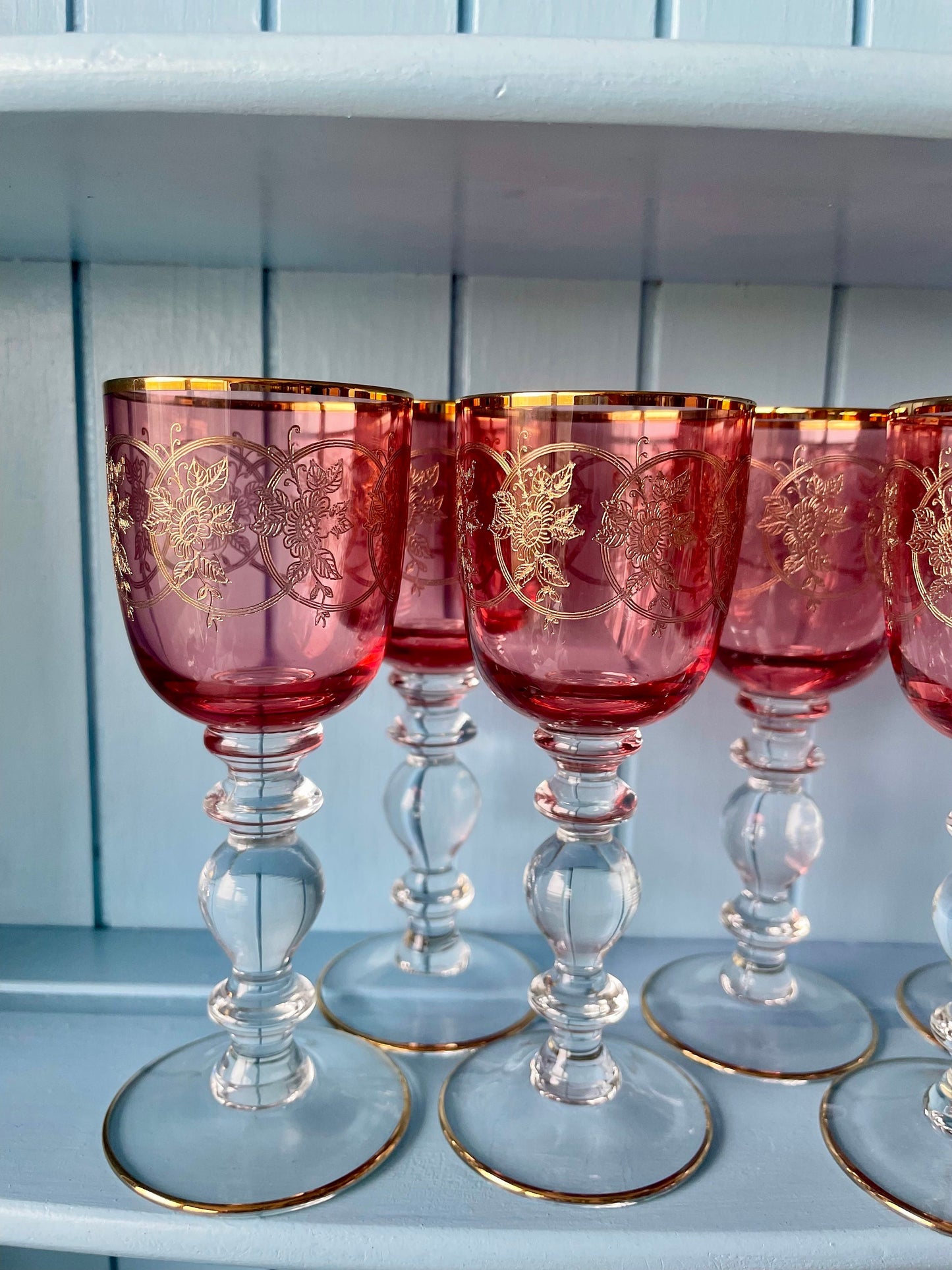 Antique Gold Rimmed Ruby Colored Sherry or Liqueur Glasses, Set of 6 Gold Engraved Glasses, Elegant Gold Detailing, Pre-War Pink/Ruby Glass