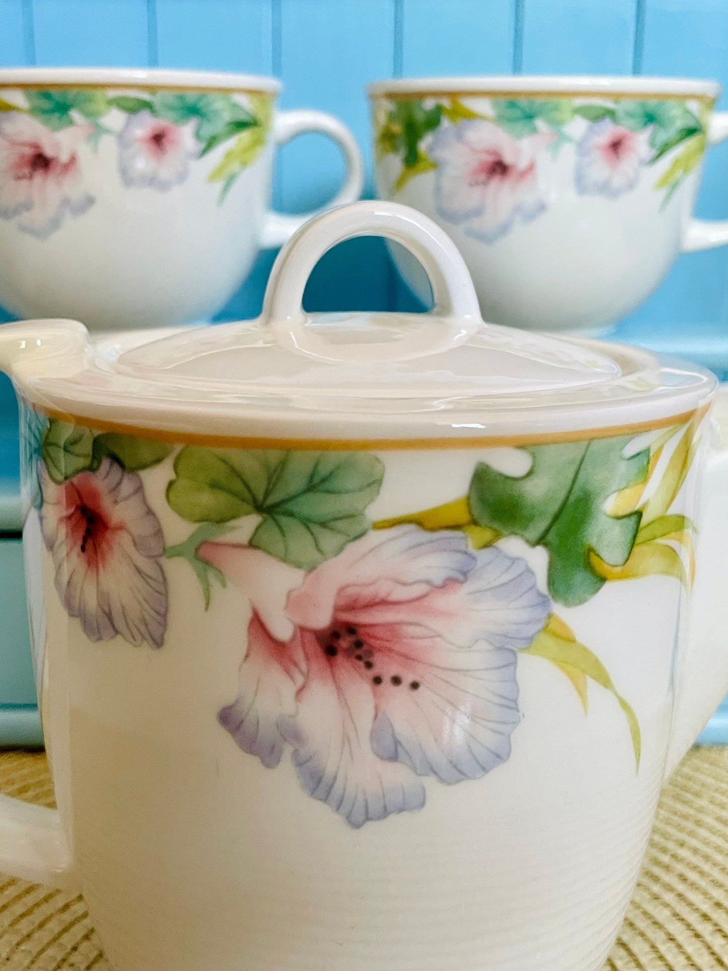 Vintage Villeroy & Boch "Exotica" Teapot With 2 Teacups Saucers, Porcelain From Luxembourg, Previously Loved, High-Tea, Rare Set 80's style
