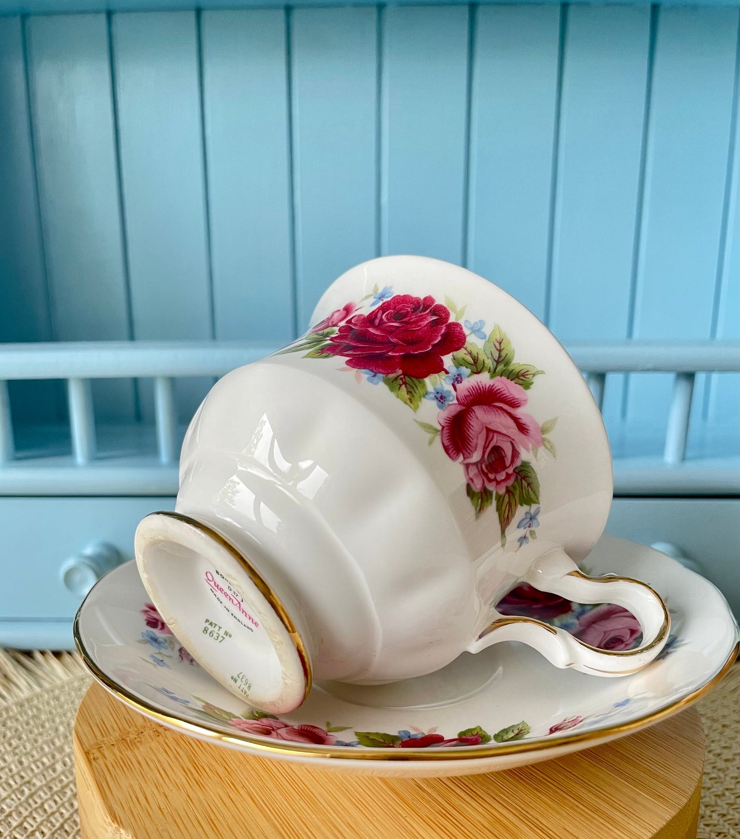 Elegant Vintage Queen Anne Tea Cup and Saucer - Red and Pink Floral Design, Antique English China, Cherished Collectible, 4 High-Tea Parties