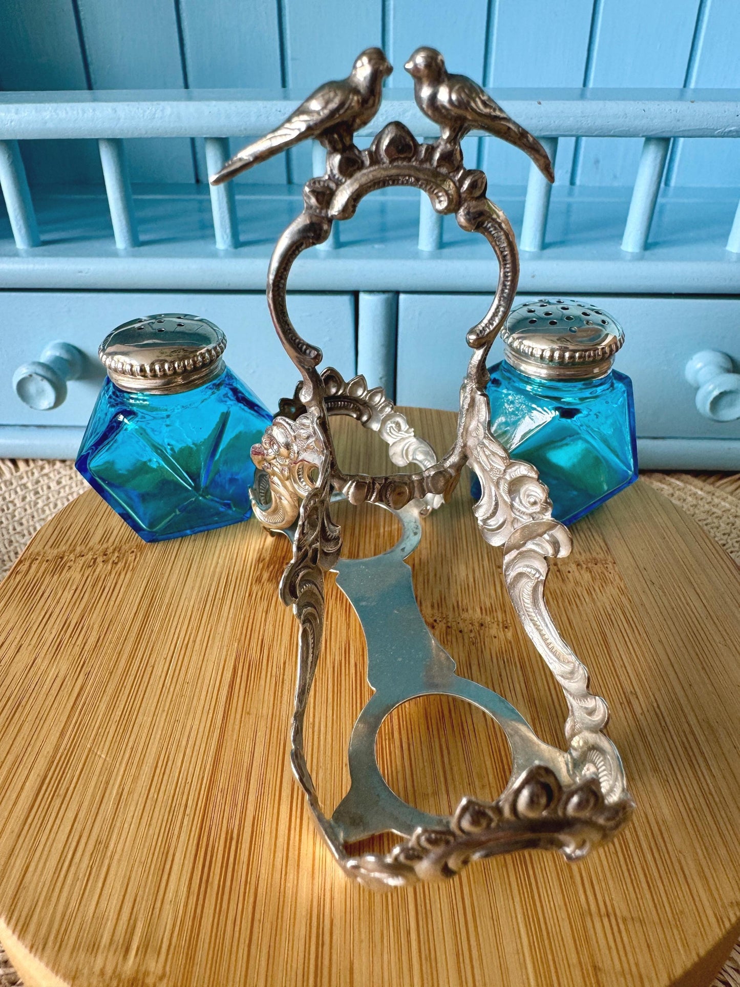 Very Rare Antique 1861 Silver Turquoise Glass Salt & Pepper Cellars, Lovebirds Wedding Gift, English 835 Silver Cruet Set, Beautiful Gift