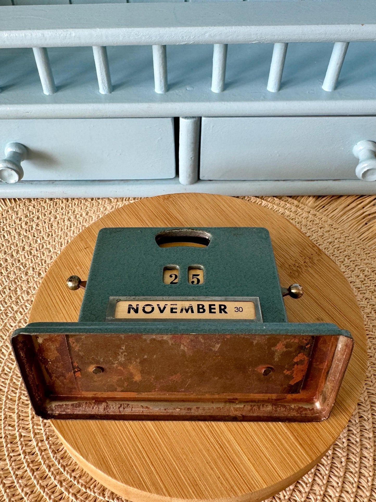 Beautiful Vintage Art Deco Perpetual Calendar by Jakob Maul, 1930s Design, Complete Set, Dutch Language, Petrol Blue/Green, Made in Germany