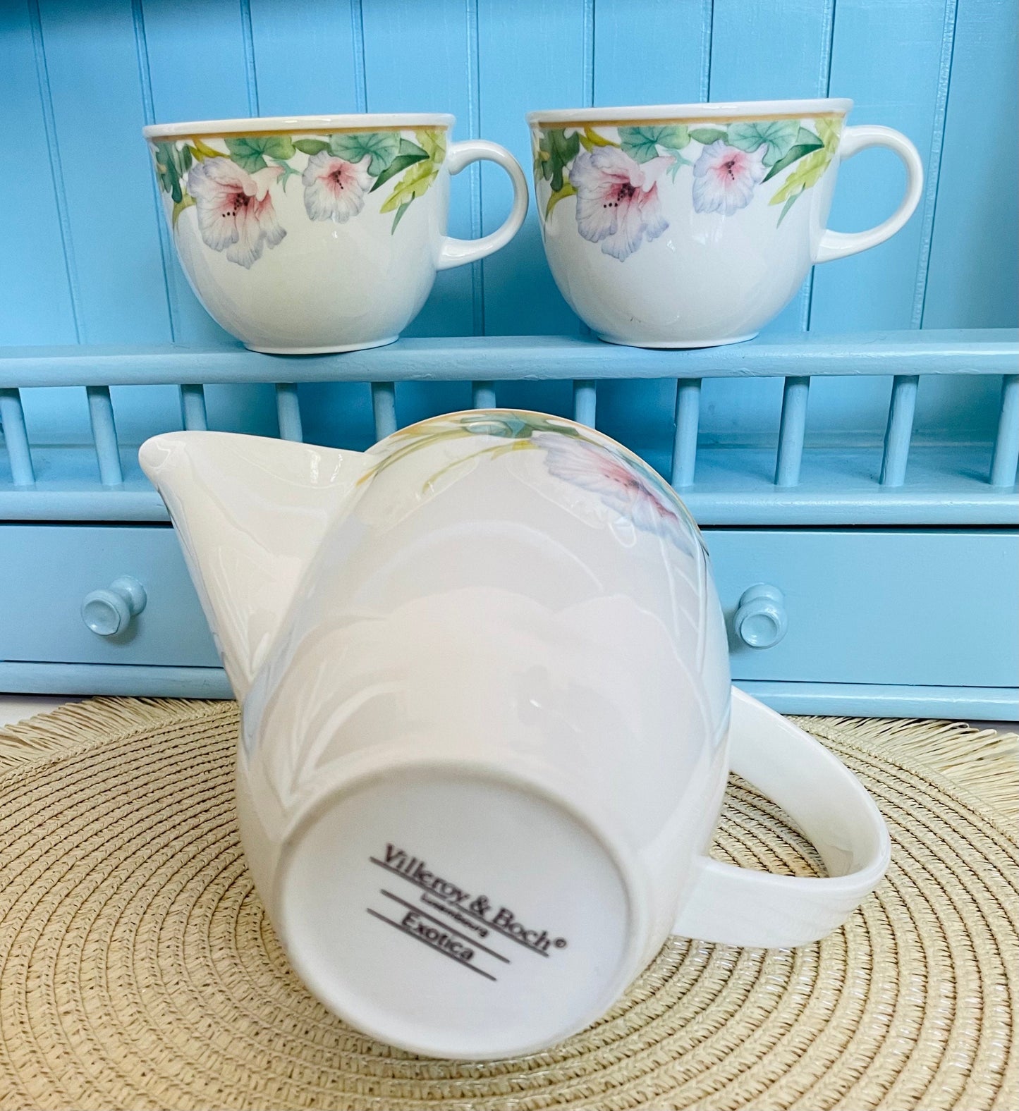 Vintage Villeroy & Boch "Exotica" Teapot With 2 Teacups Saucers, Porcelain From Luxembourg, Previously Loved, High-Tea, Rare Set 80's style