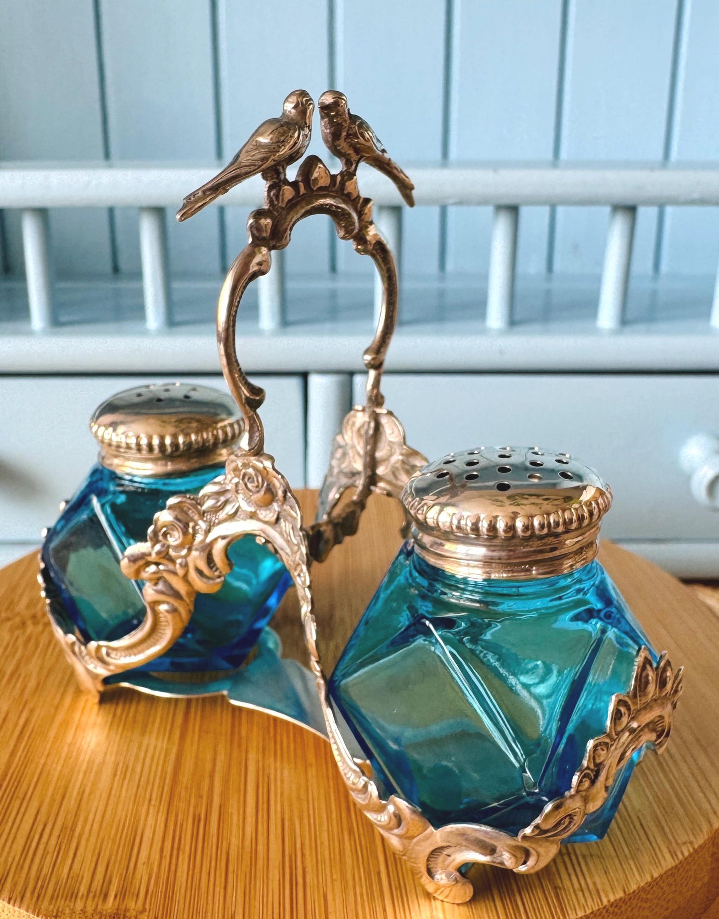 Very Rare Antique 1861 Silver Turquoise Glass Salt & Pepper Cellars, Lovebirds Wedding Gift, English 835 Silver Cruet Set, Beautiful Gift