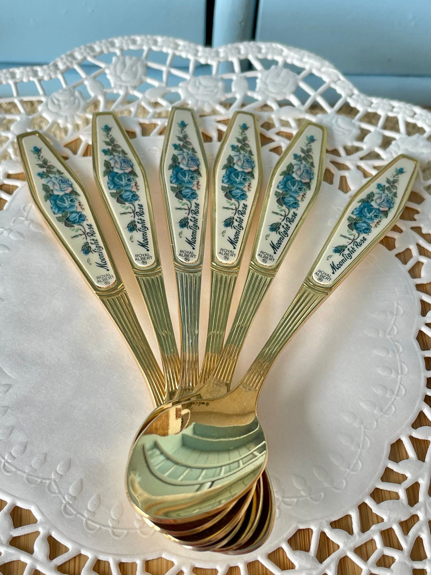 Rare Vintage Royal Albert "Moonlight Rose" TeaSpoon, Set of 6 Gold Hue Spoons, Silver Plated, Previously Loved, For HighTea, Made In England