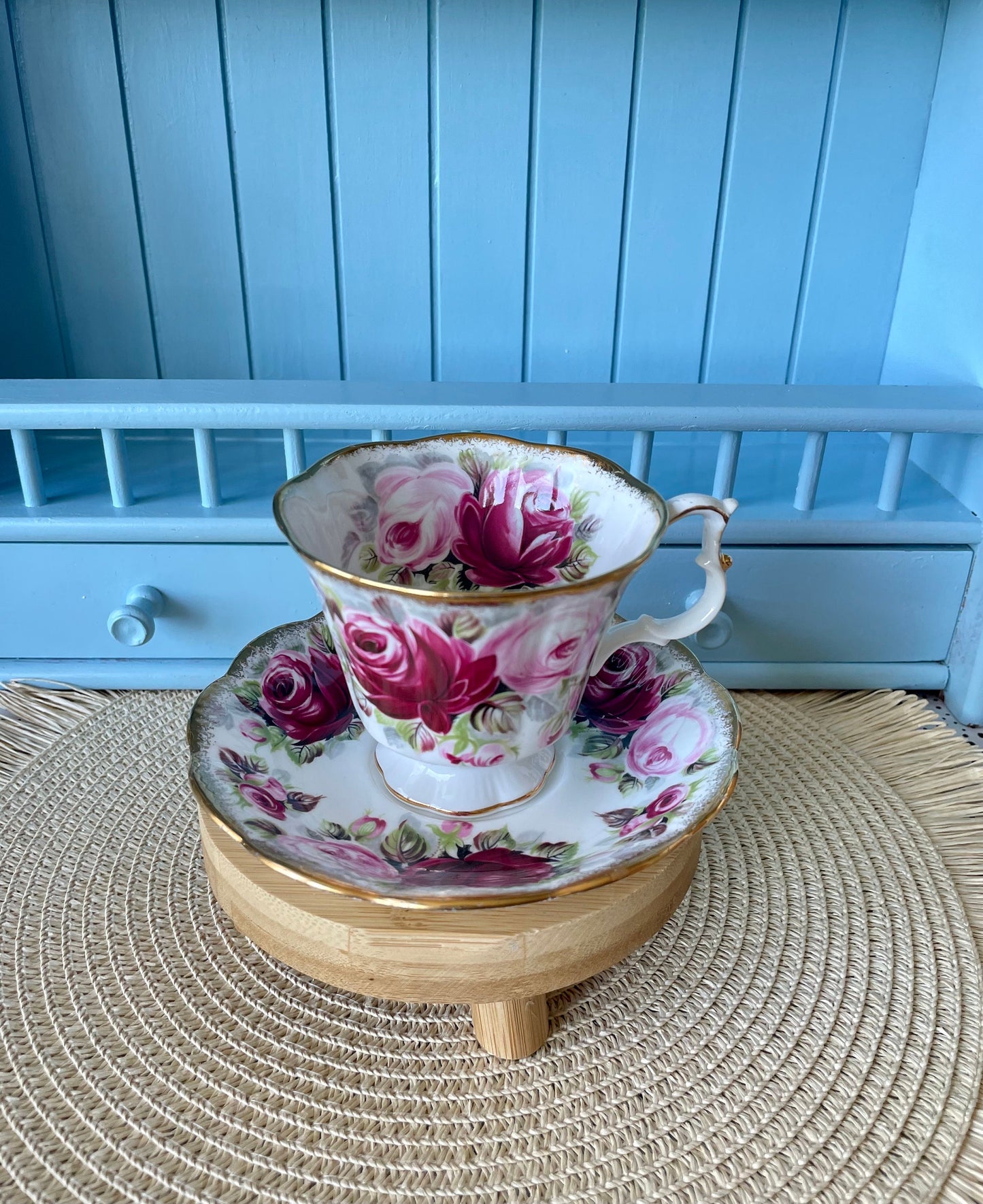 Collectors TeaCup, Royal Albert "Summer Bounty Ruby" Gainsborough Tea Set, Thick Gold, Bone China, Pink Cabbage Roses Decor, Made in England