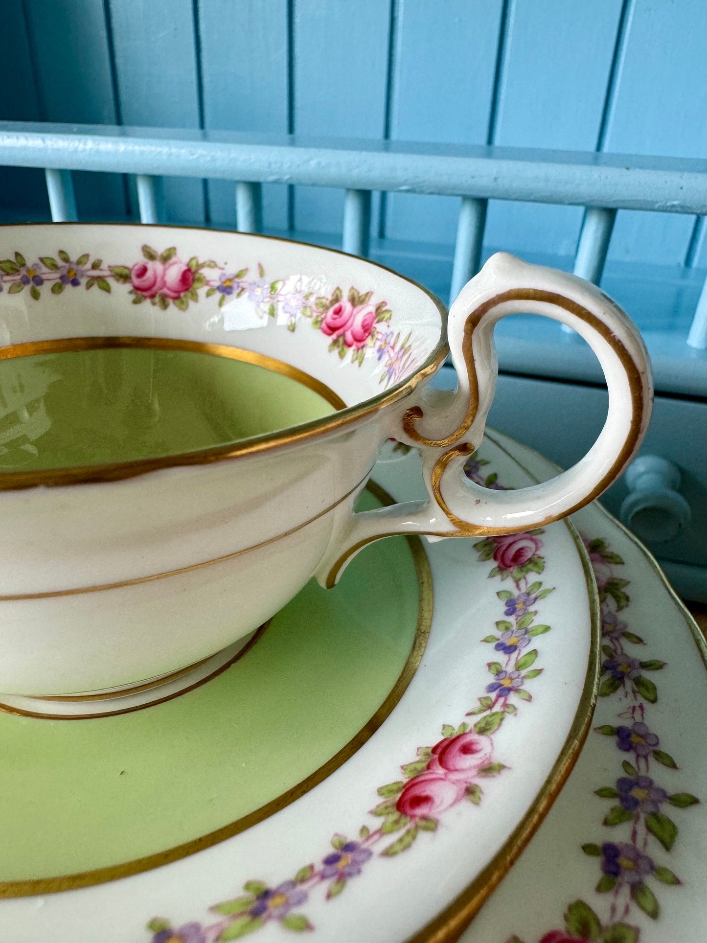 Rare Vintage Aynsley Trio, Teacup, Saucer & Cake Plate Set ,Very Good Condition, Green Roses Design, Early 20th Century, Bone China England