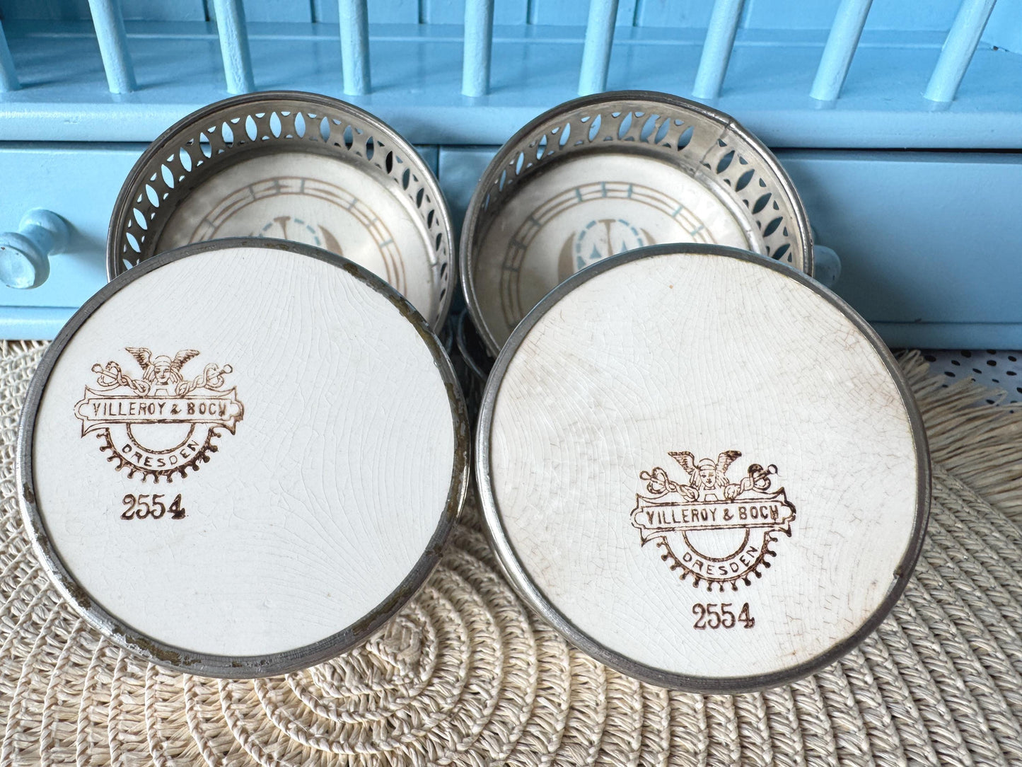 Vintage Dresden 'Villeroy & Boch' Coasters, Set 6 Coasters, Previously Loved, Collectors Item, Pierced Silver Rim, Hand-painted, German Made