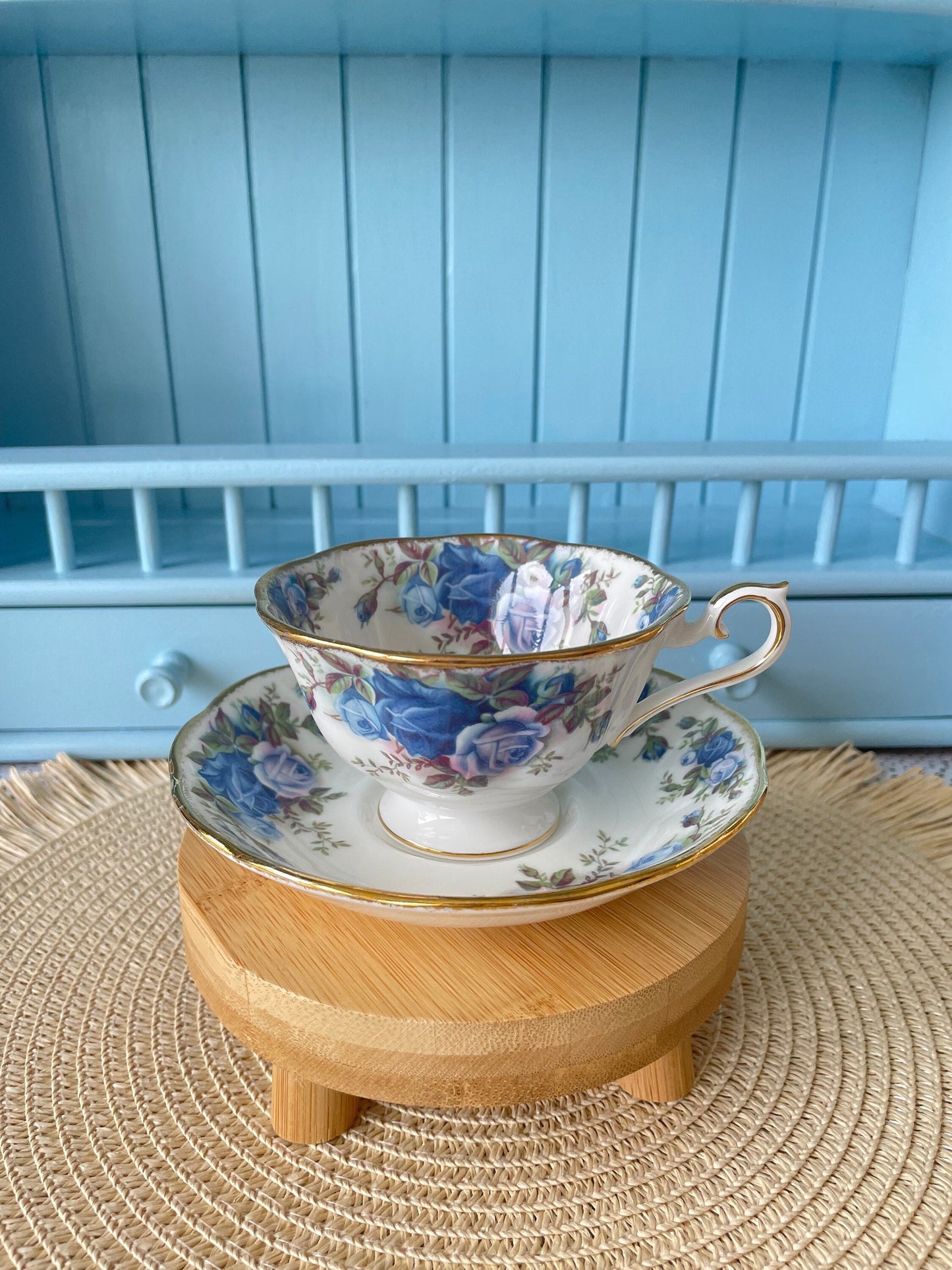 Pristine Avon Shaped Royal Albert "Moonlight Rose" Teacup & Saucer, Fine Bone China, Blue Roses Decor, Highly Sought After, Made in England
