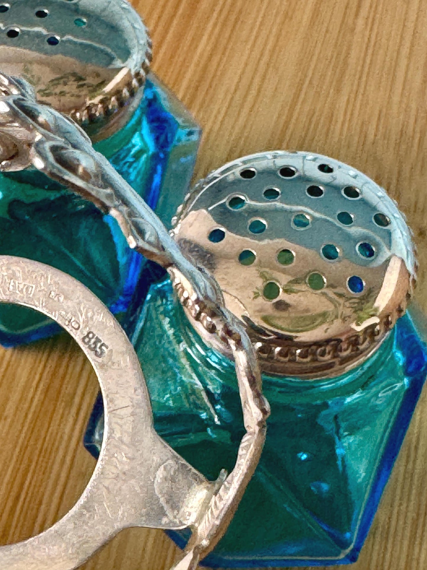 Very Rare Antique 1861 Silver Turquoise Glass Salt & Pepper Cellars, Lovebirds Wedding Gift, English 835 Silver Cruet Set, Beautiful Gift