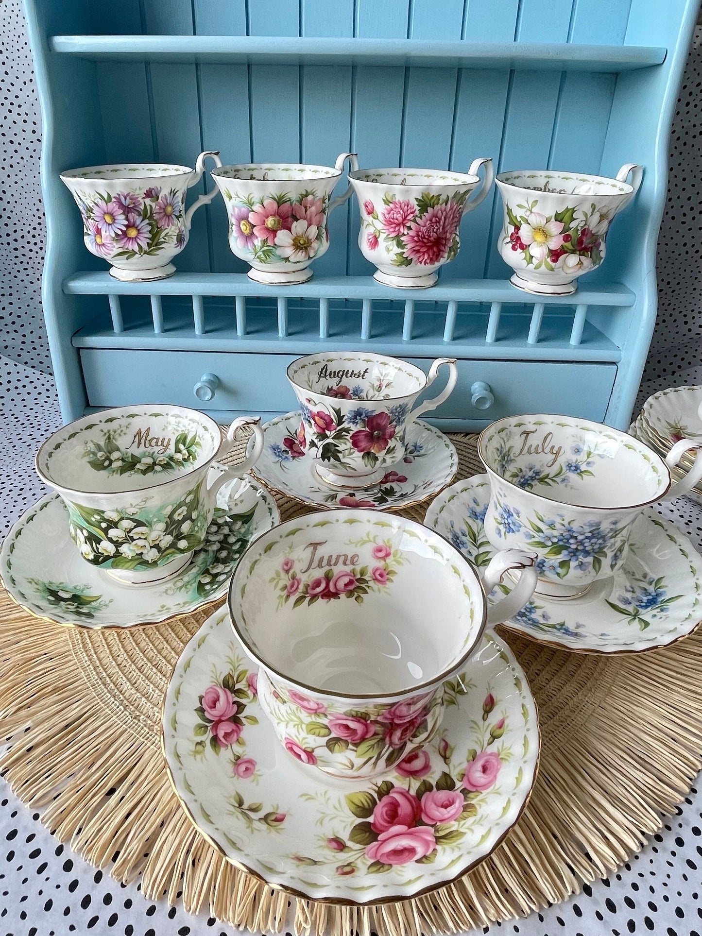 Vintage TeaSet of 12 'Royal Albert' Flower Of The Month Gentleman Sized Cup & Saucer, Fine Bone China, Perfect Gift, Made in England