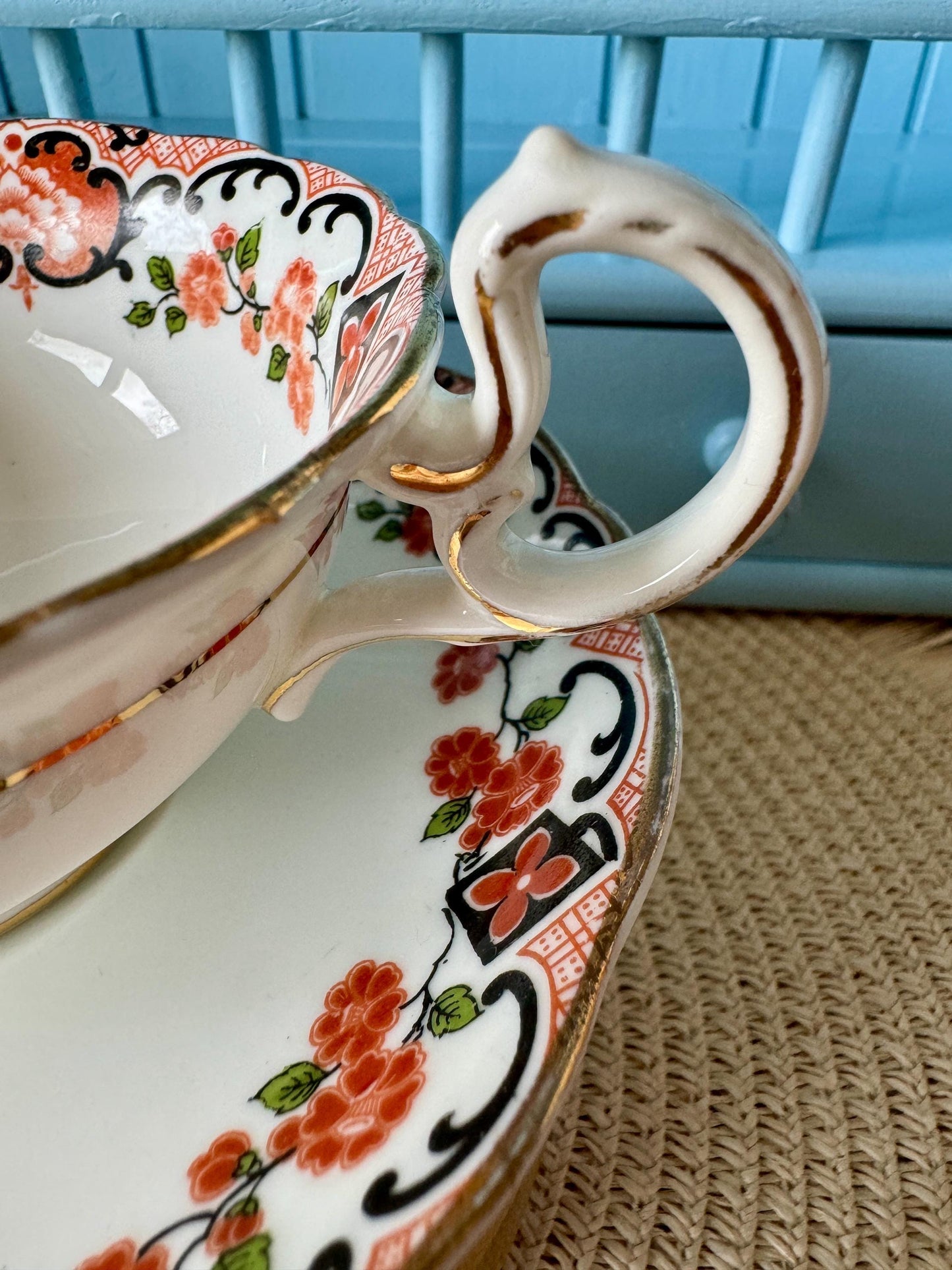 Rare Vintage Aynsley Teacup and Saucer Set ,Very Good Condition, Red and Blue Roses Design, Crafted 1940's, Bone China, Crazing, England