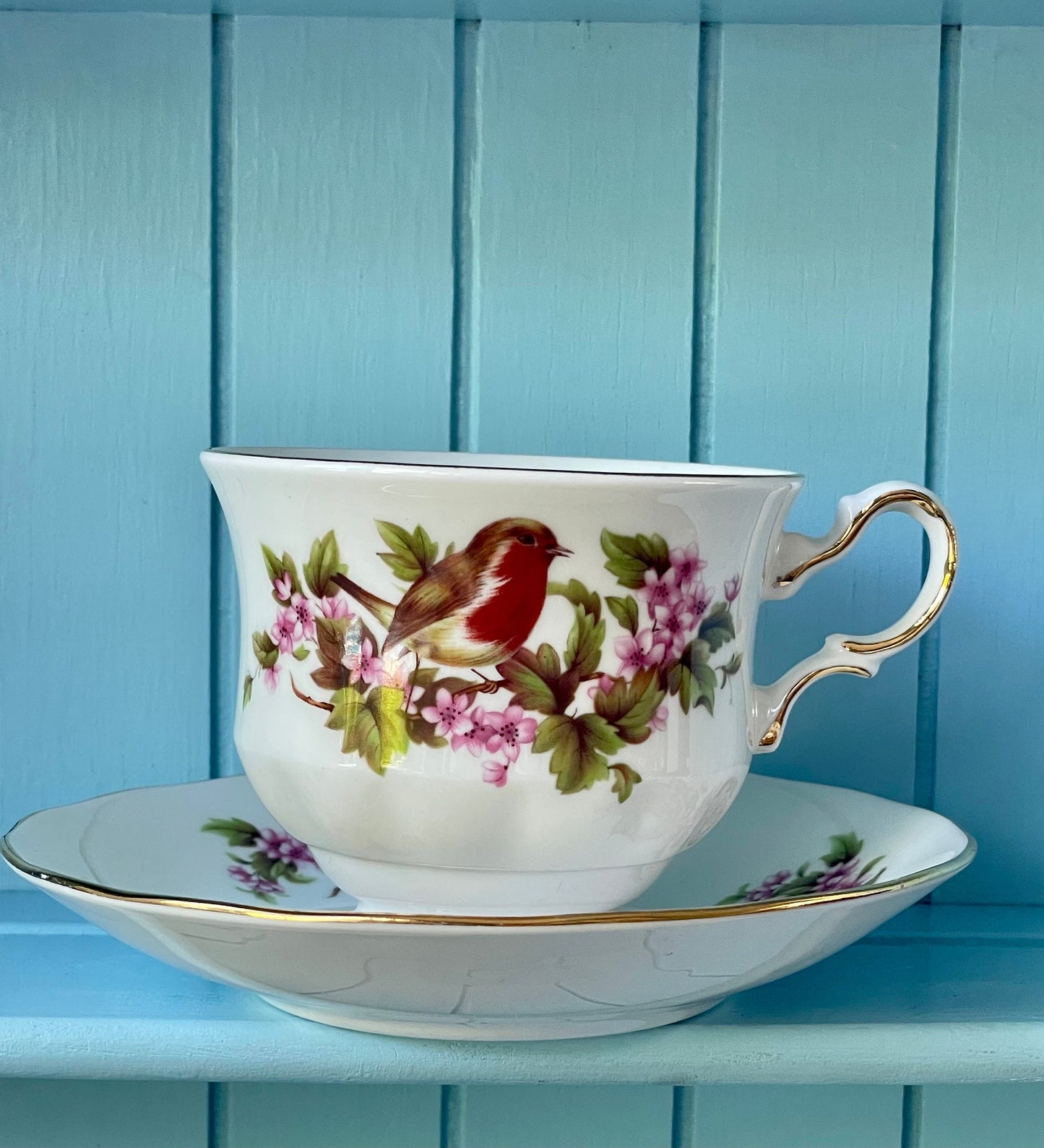 Vintage Queen Anne Robin, Pink Floral Bone Tea Cup and Saucer, Antique English China, Previously Loved Vintage Cup, High-Tea Bridal Party
